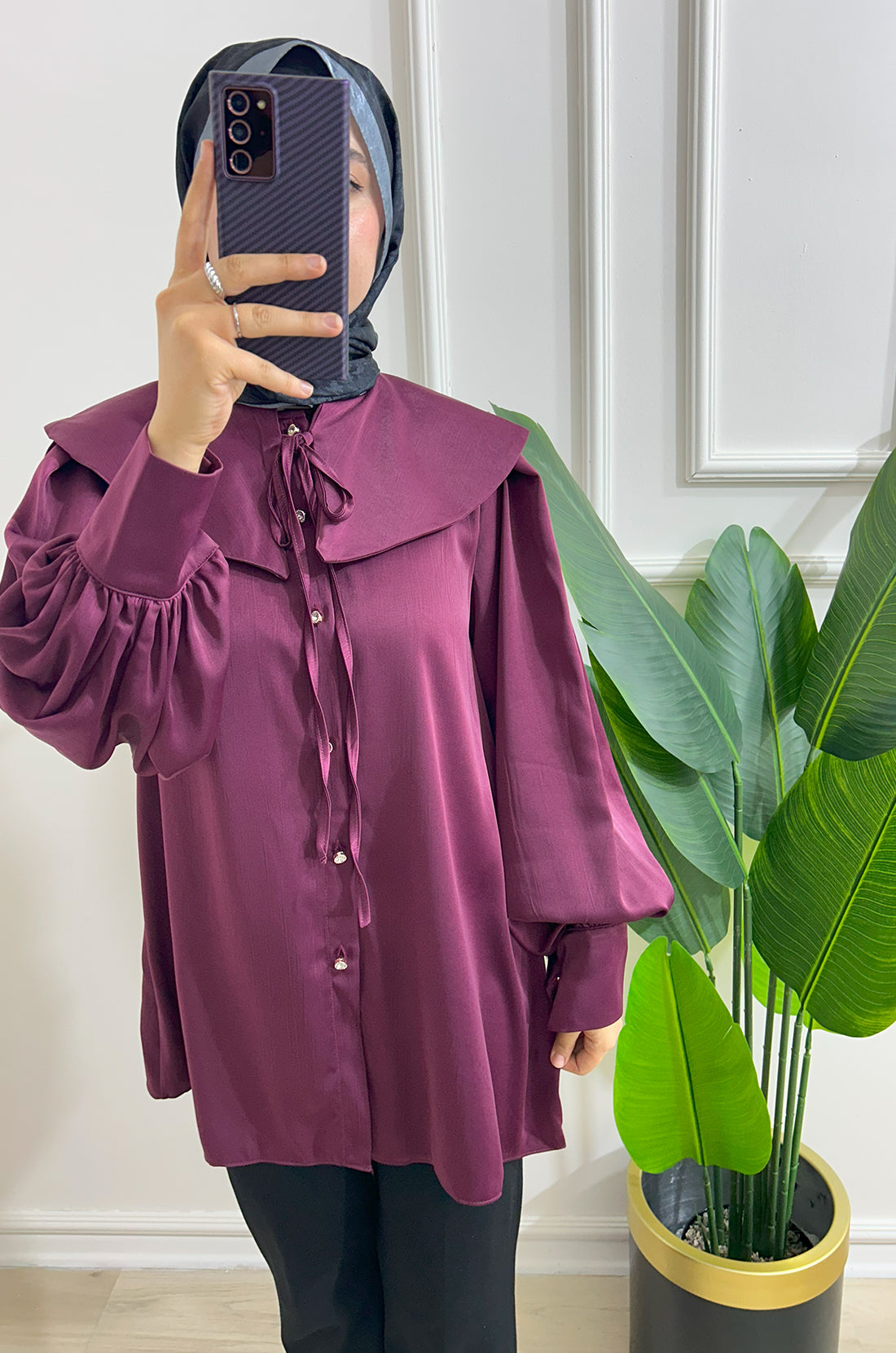 Yakalı Kalın Saten Gömlek - Bordo