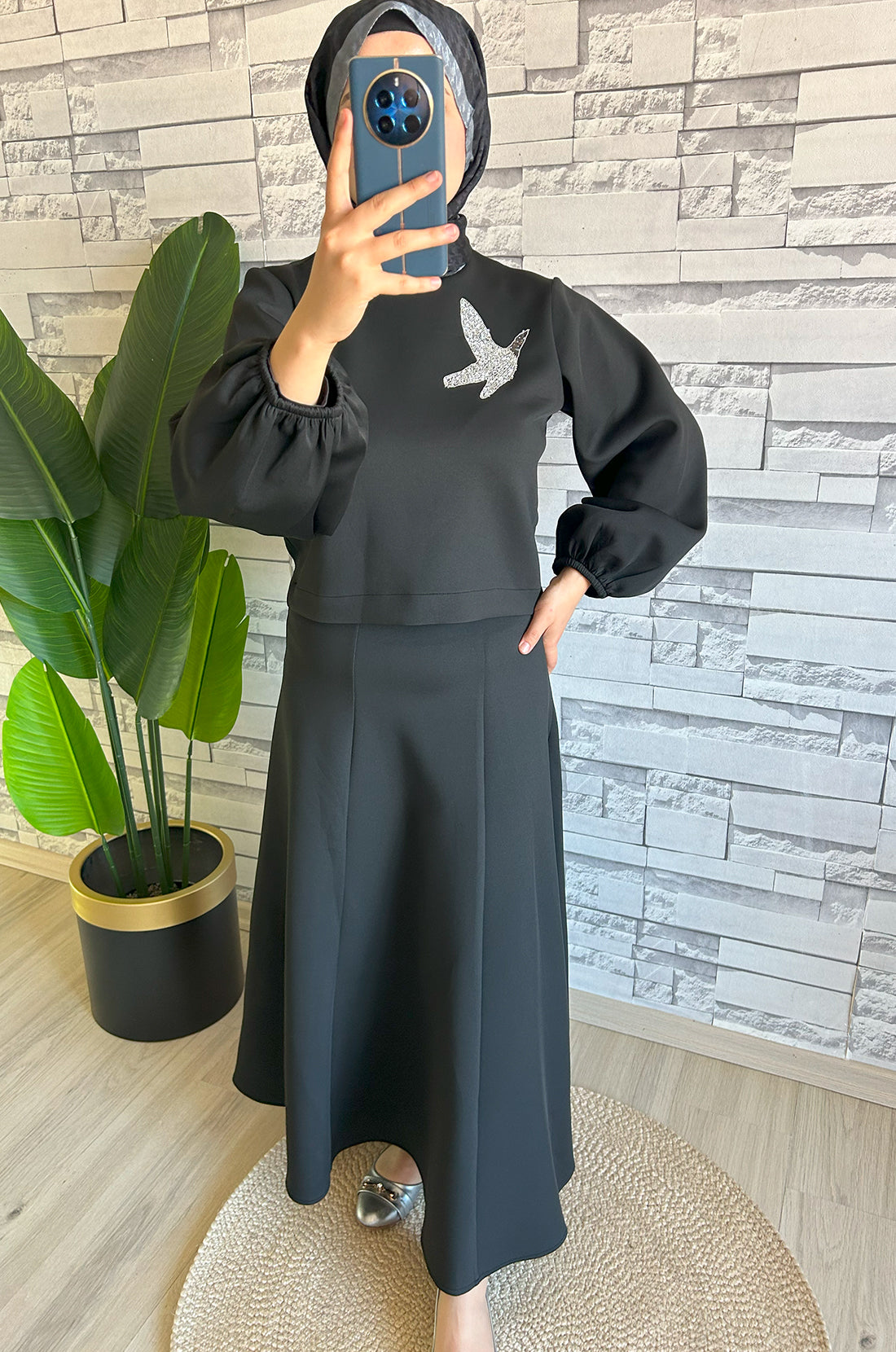 Balon Kollu Kuş Detaylı Scuba Takım Siyah