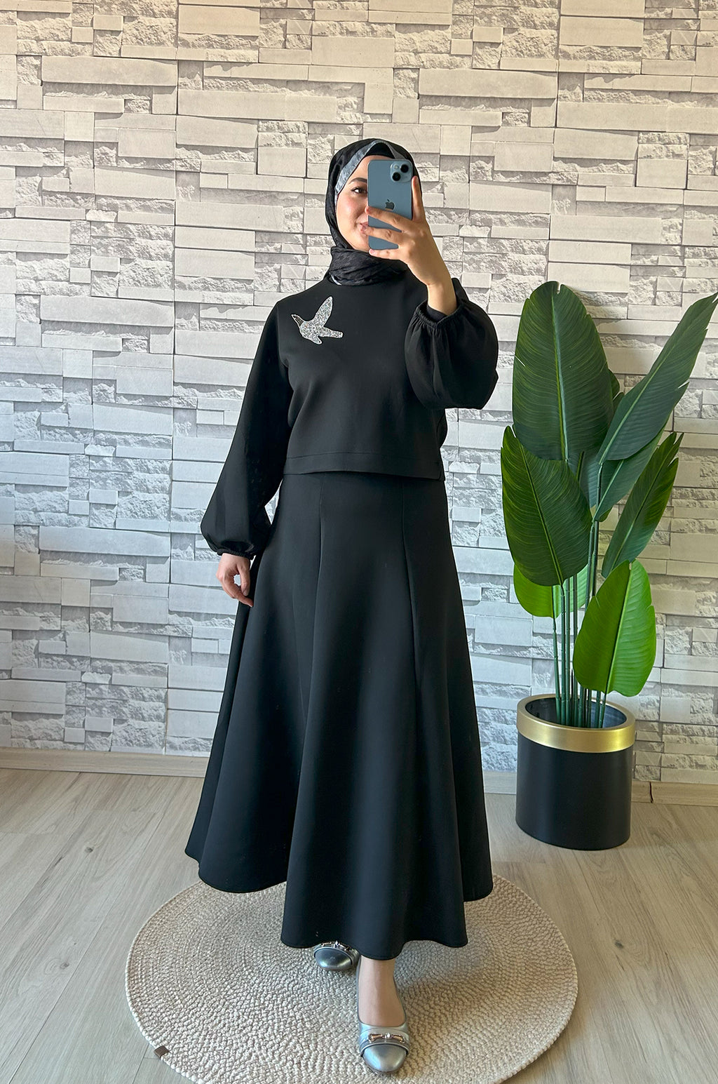 Balon Kollu Kuş Detaylı Scuba Takım Siyah