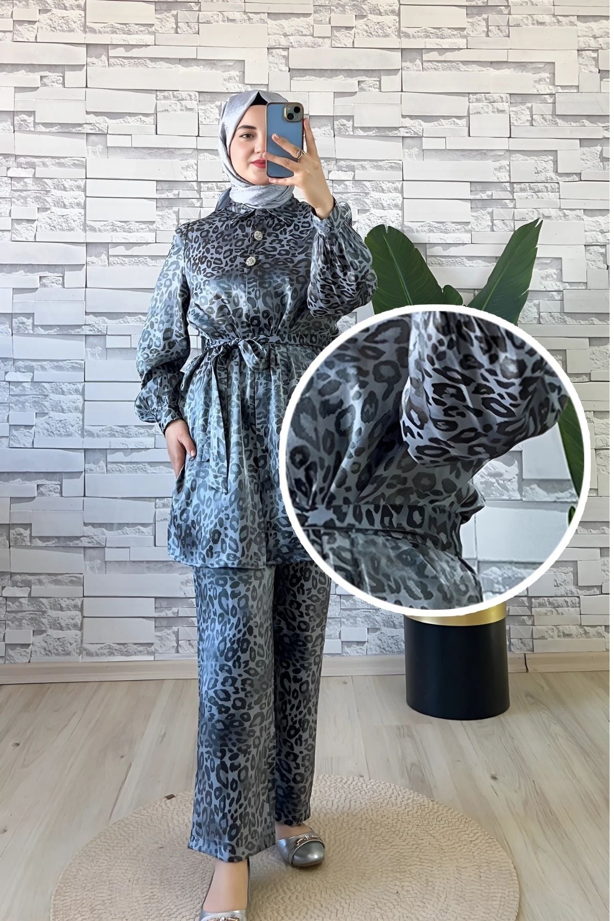 Leopar Desenli İkili Takım Gri