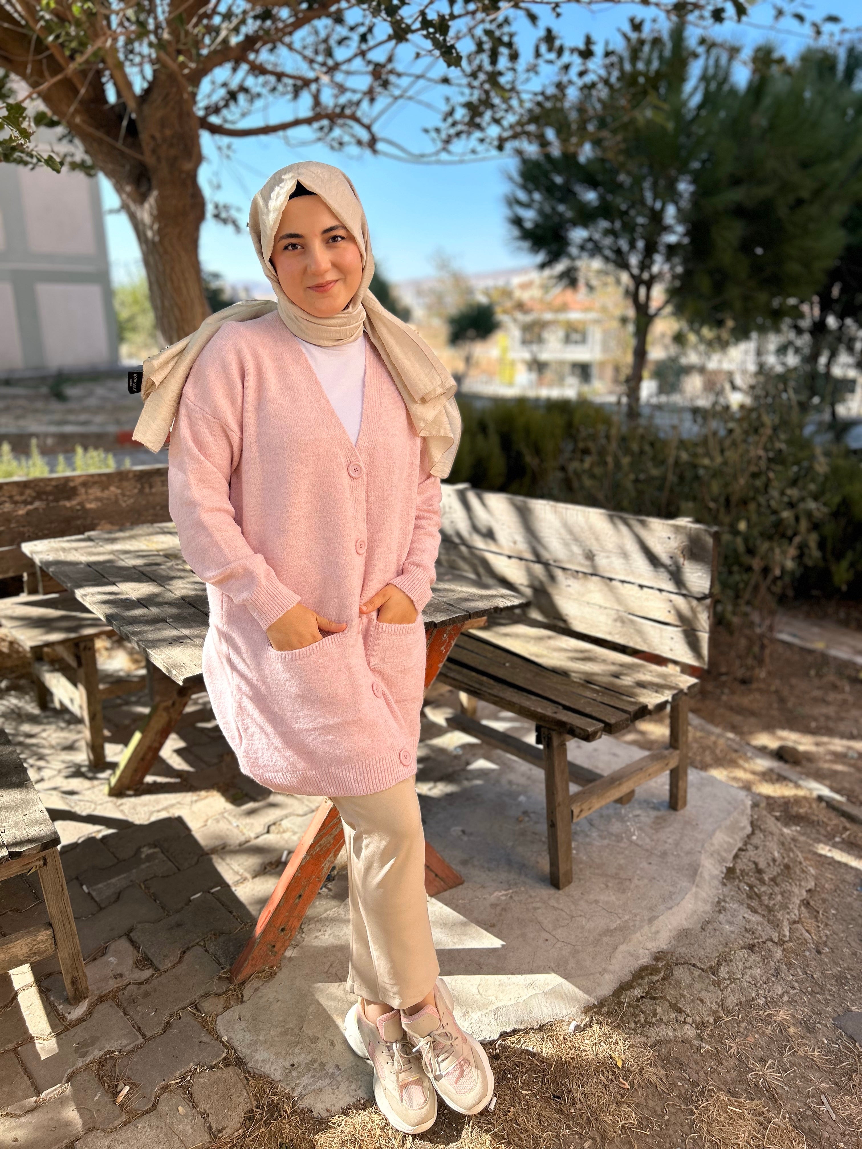 Düğme Detaylı Cepli Uzun Hırka Pembe