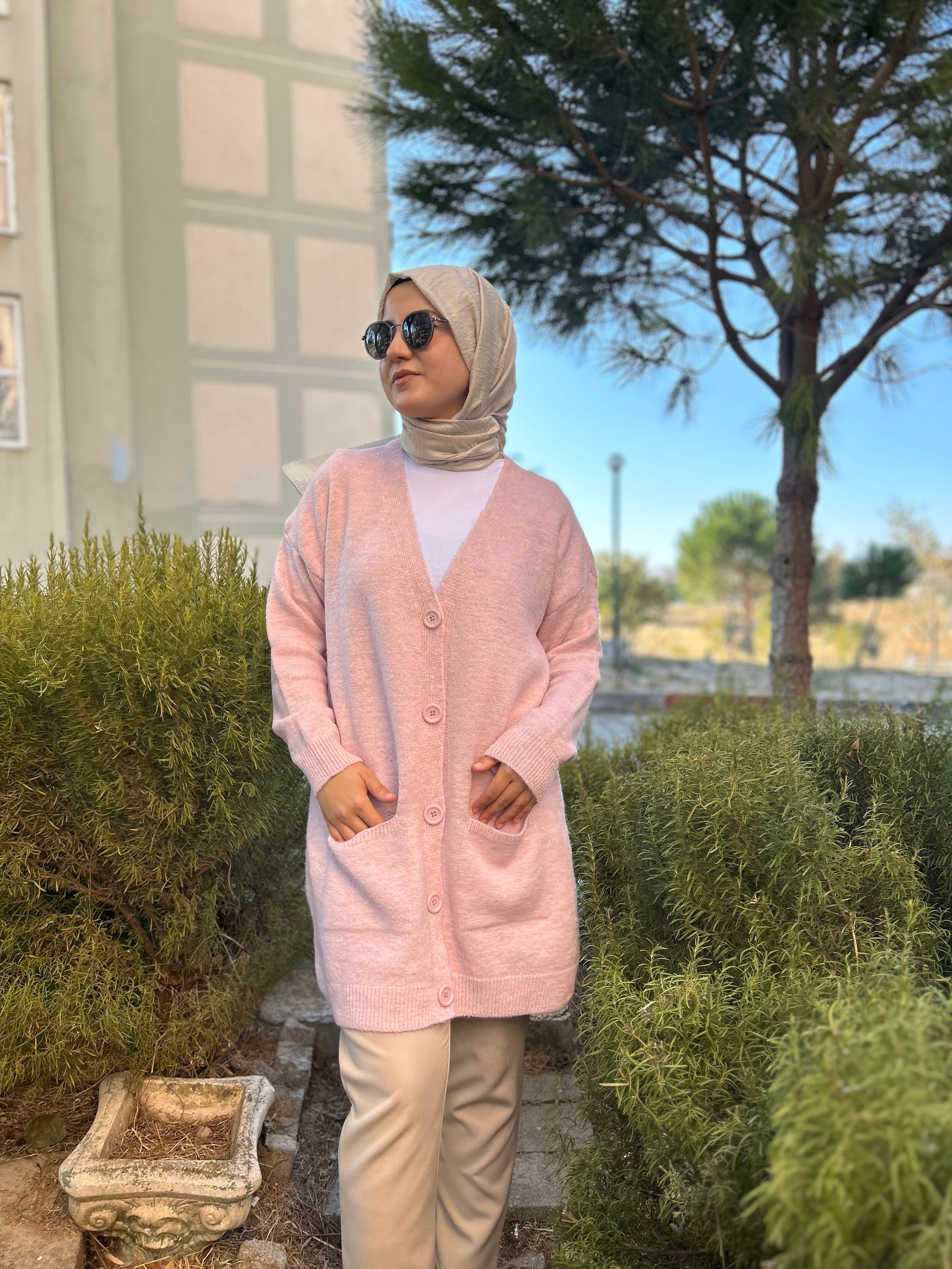 Düğme Detaylı Cepli Uzun Hırka Pembe