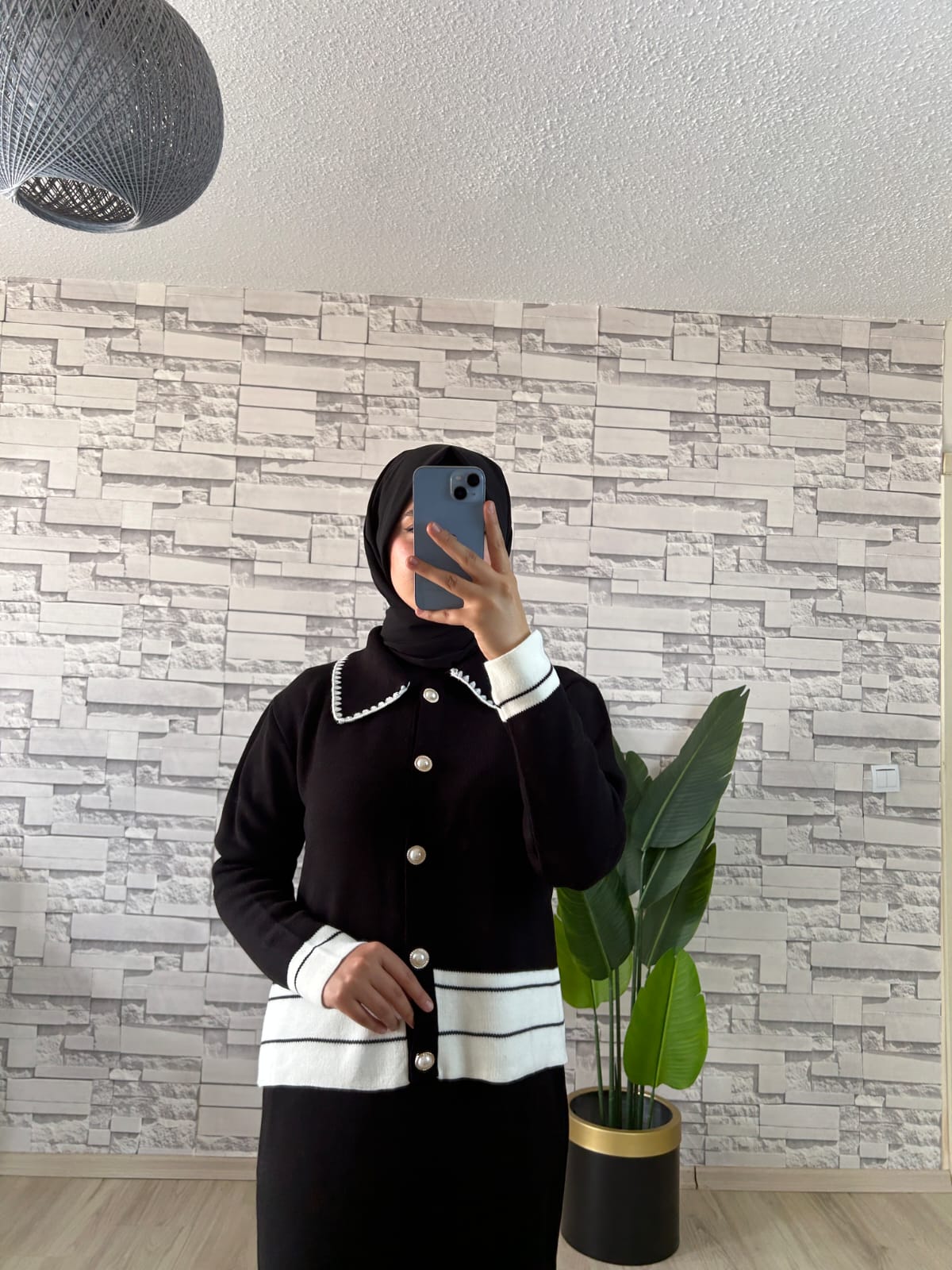 İnci Düğme Detaylı Triko İkili Takım Siyah Beyaz