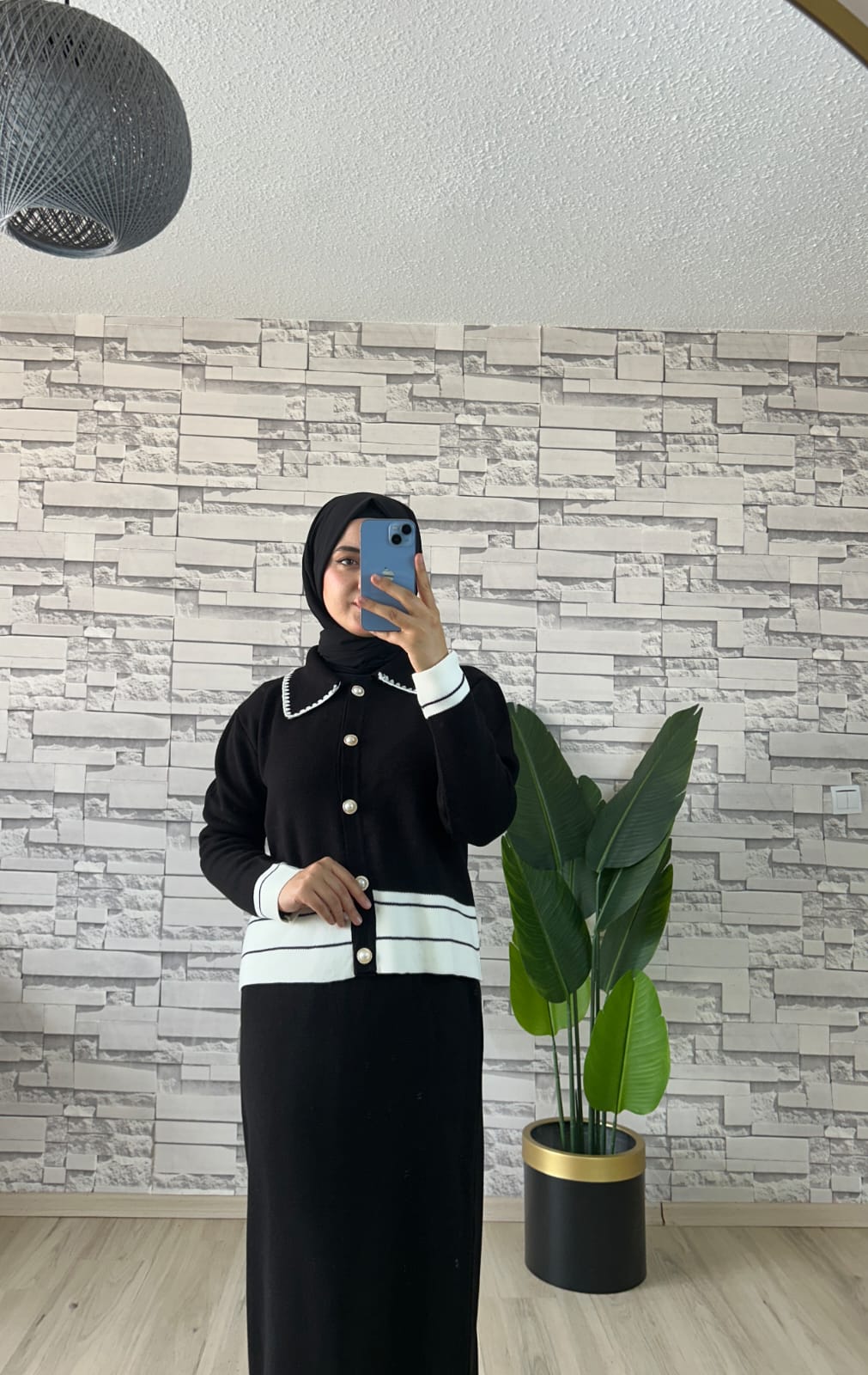 İnci Düğme Detaylı Triko İkili Takım Siyah Beyaz