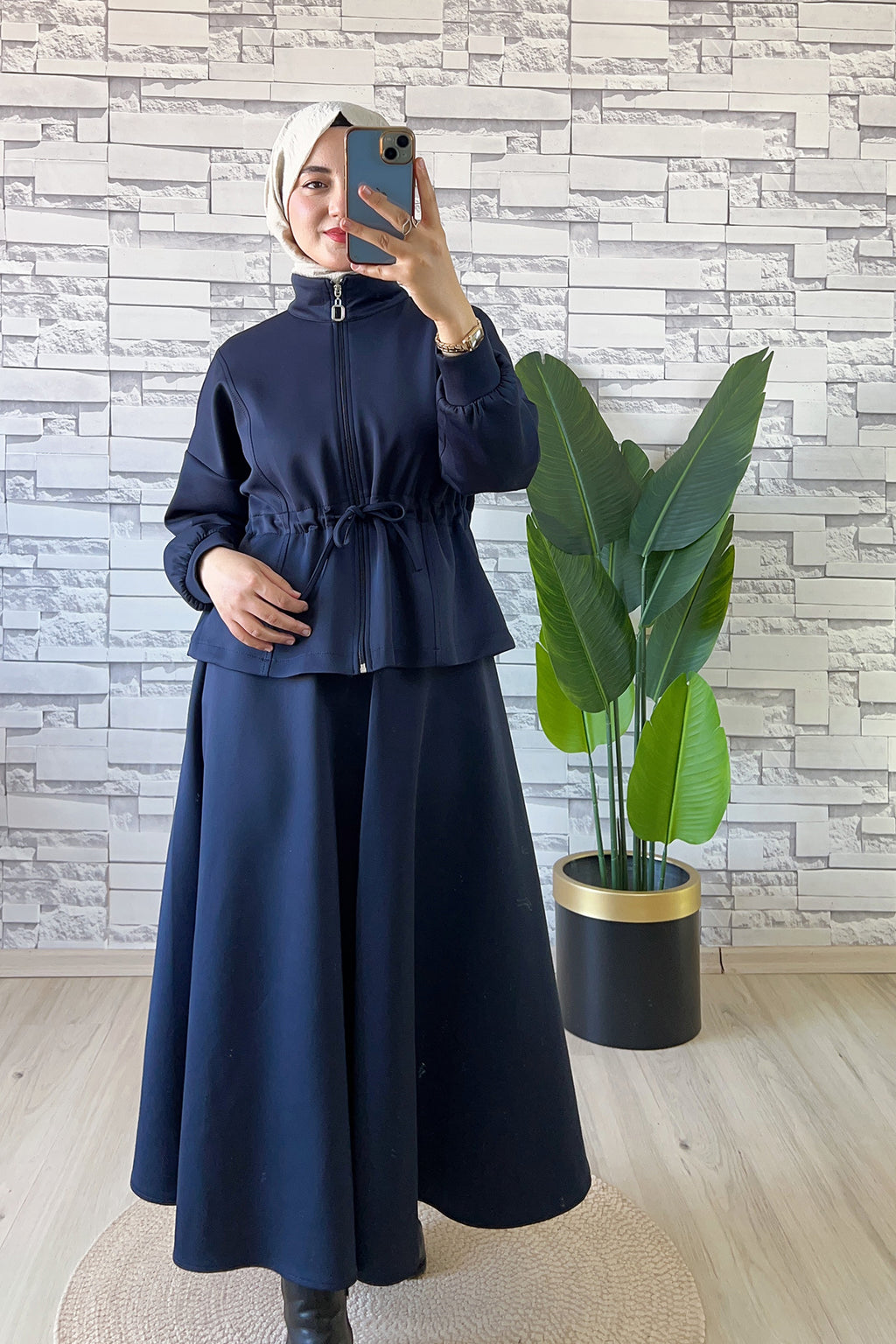 Bel Büzgülü Etekli Scuba Takım Lacivert