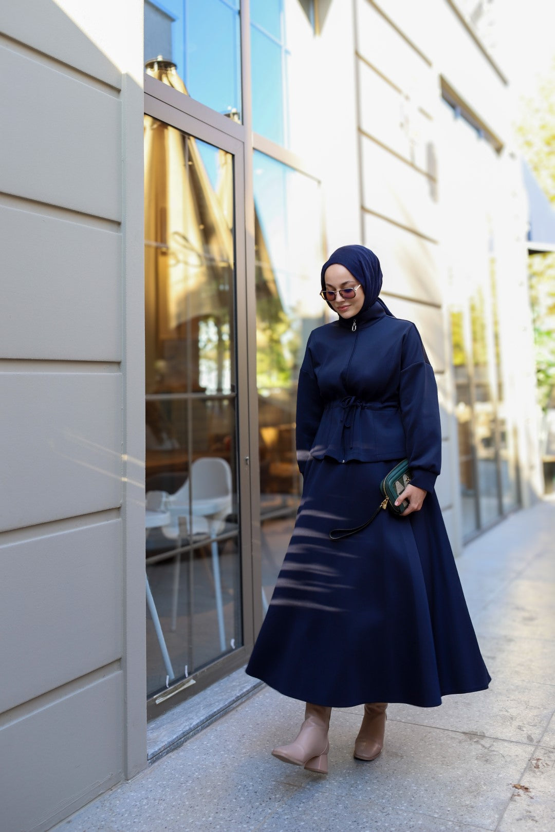 Bel Büzgülü Etekli Scuba Takım Lacivert