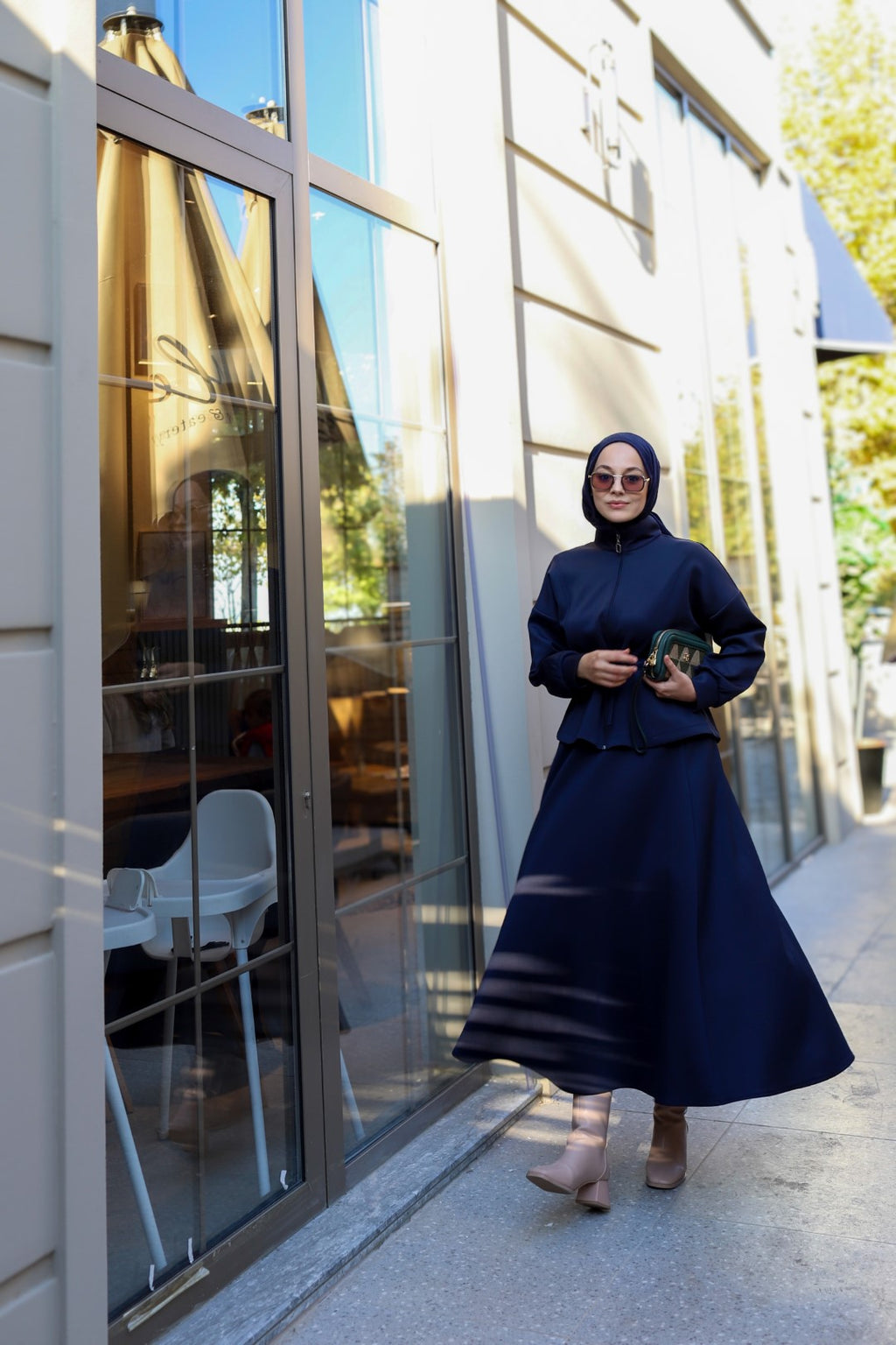 Bel Büzgülü Etekli Scuba Takım Lacivert