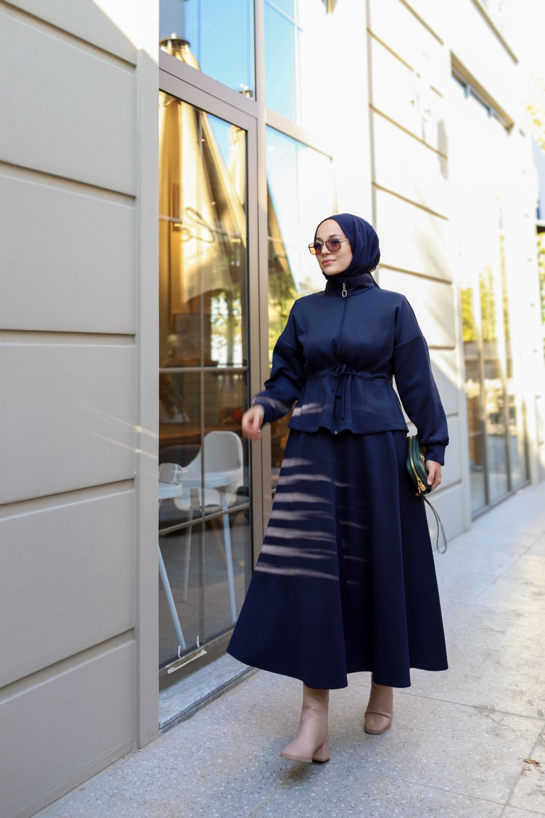 Bel Büzgülü Etekli Scuba Takım Lacivert