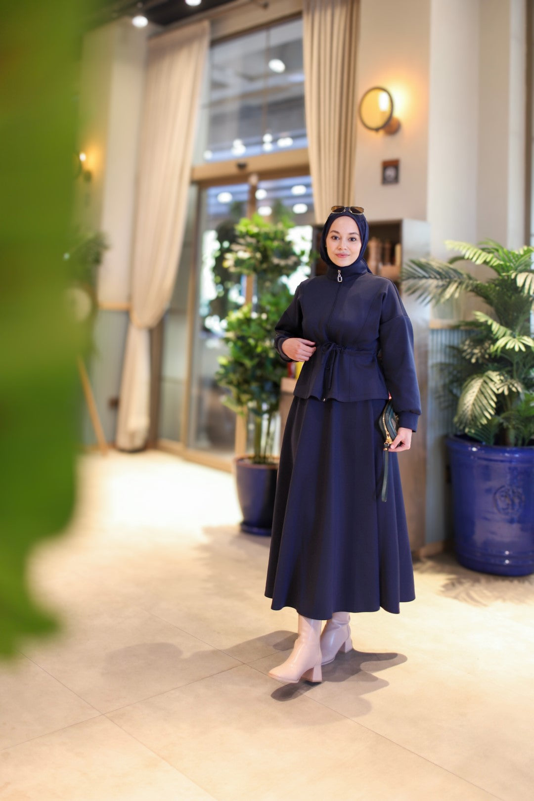 Bel Büzgülü Etekli Scuba Takım Lacivert