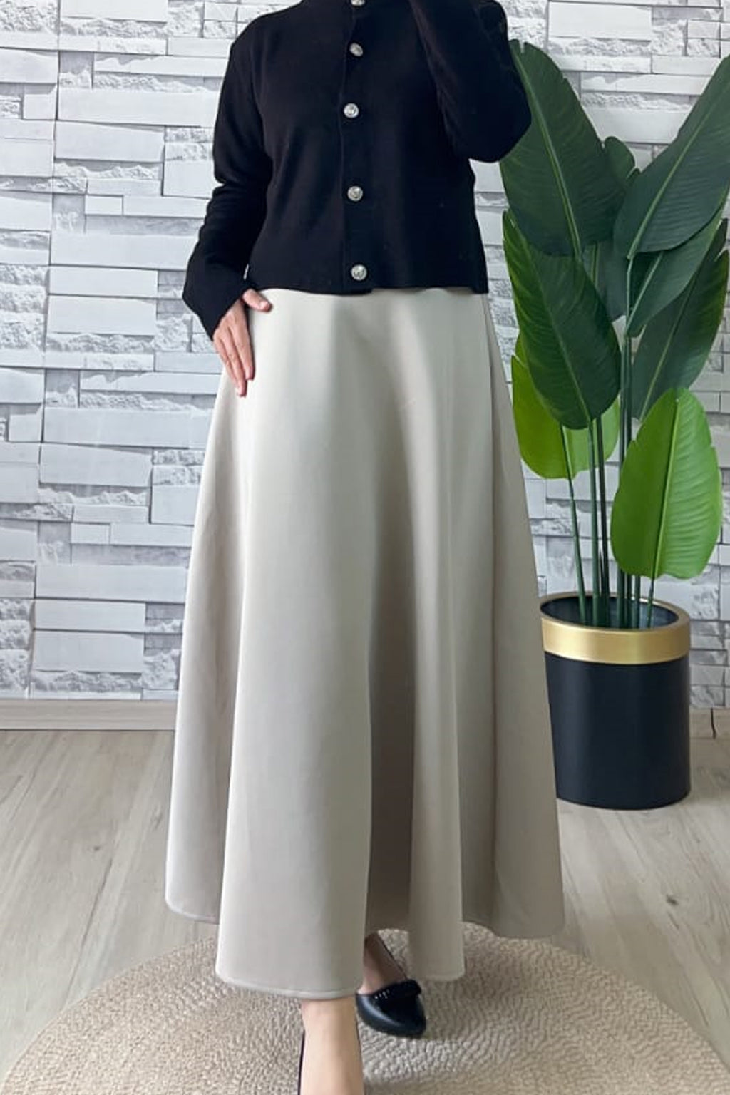 Fermuarlı Scuba Kloş Etek Bej