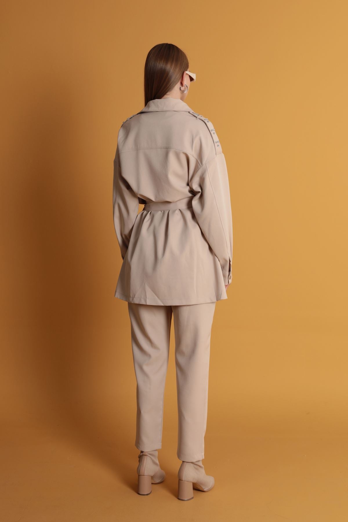 Atlas Kumaş Beli Lastikli Kadın Pantolon-Bej