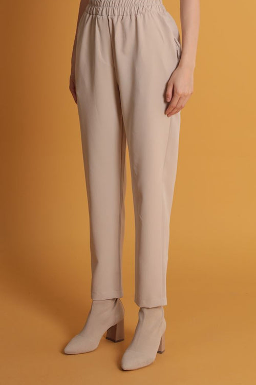 Atlas Kumaş Beli Lastikli Kadın Pantolon-Bej