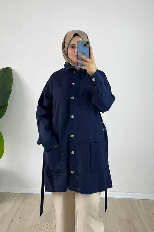 Atlas Kumaş Apoletleri Taş Espiri Kadın Ceket-Lacivert