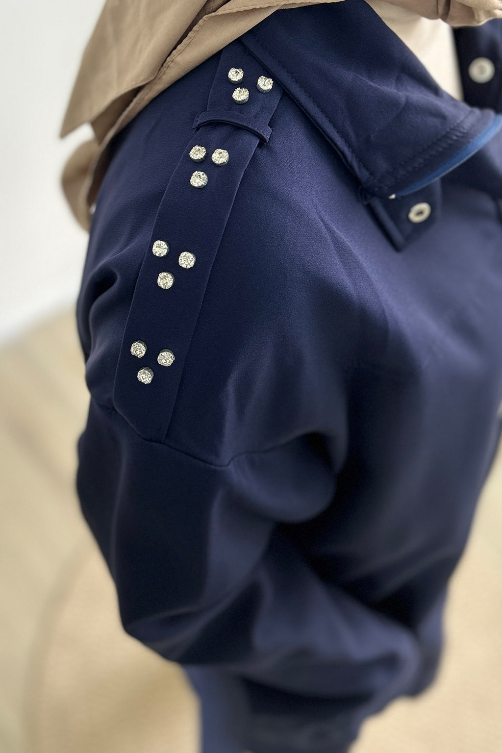 Atlas Kumaş Apoletleri Taş Espiri Kadın Ceket-Lacivert