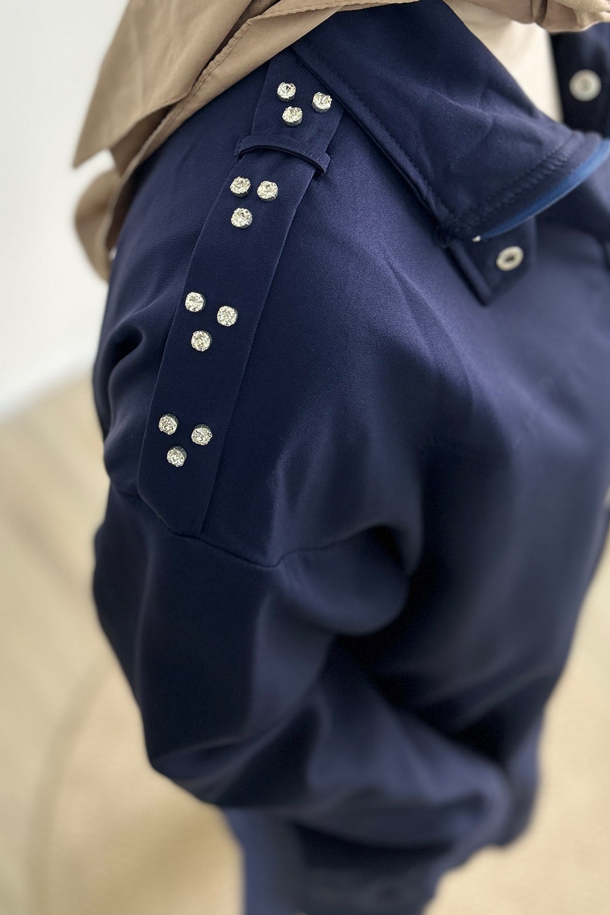 Atlas Kumaş Apoletleri Taş Espiri Kadın Ceket-Lacivert