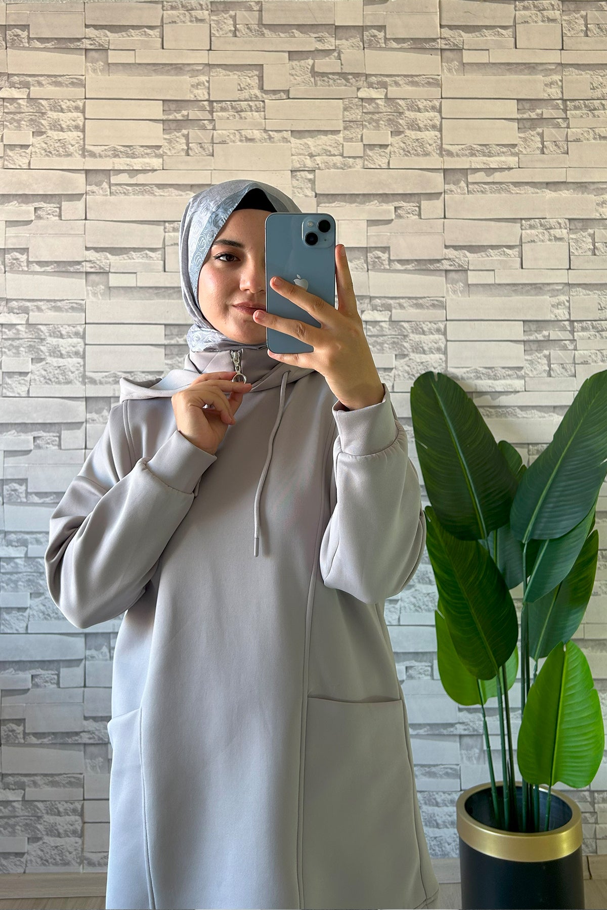 Boğazı Fermuar Detaylı Sweat Gri