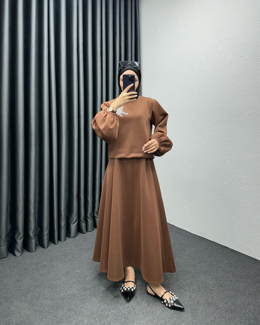 Balon Kollu Kuş Detaylı Scuba Takım Kahverengi