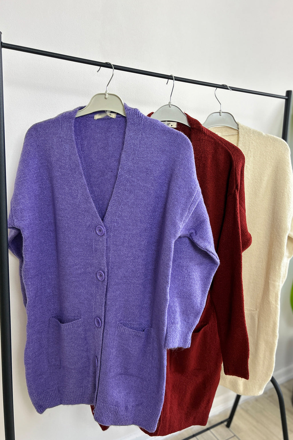 Düğme Detaylı Cepli Uzun Hırka Lila