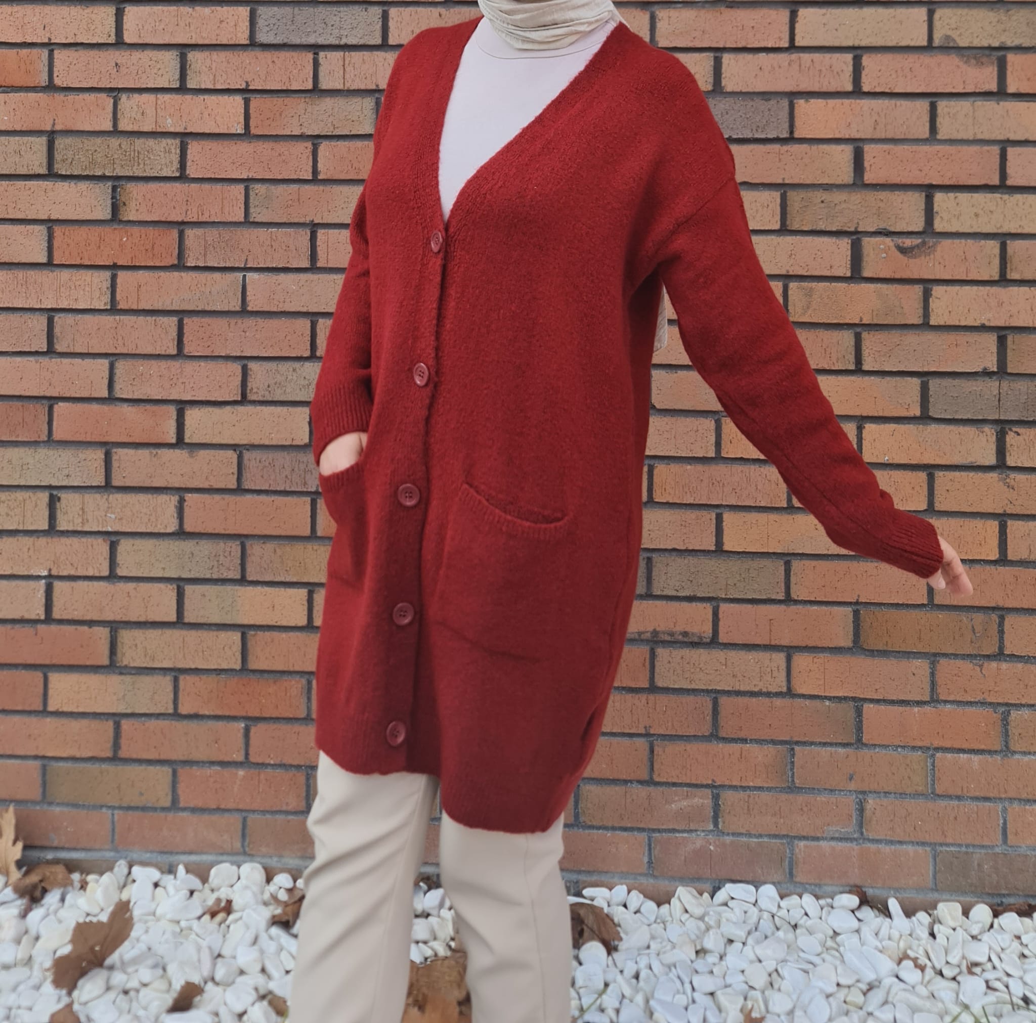 Düğme Detaylı Cepli Uzun Hırka Bordo