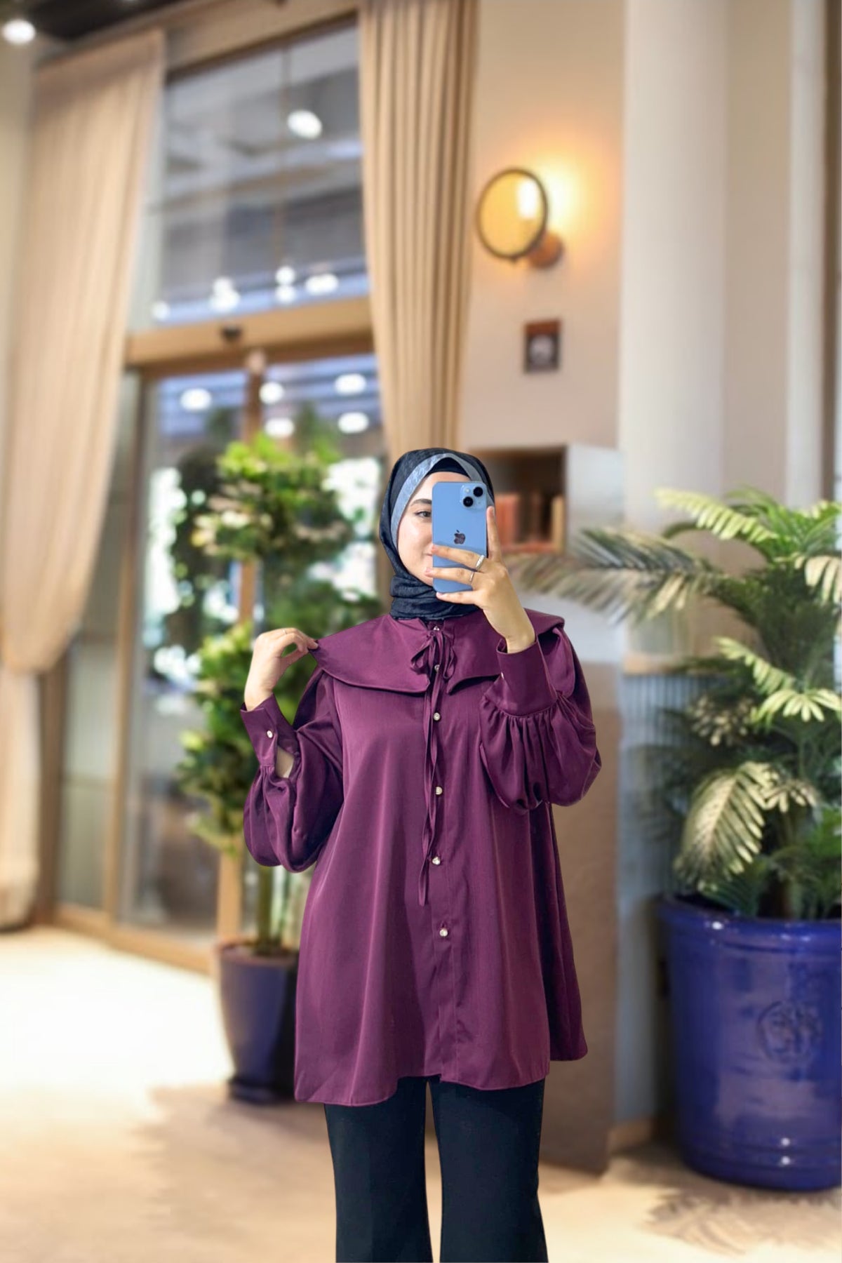 Yakalı Kalın Saten Gömlek - Bordo