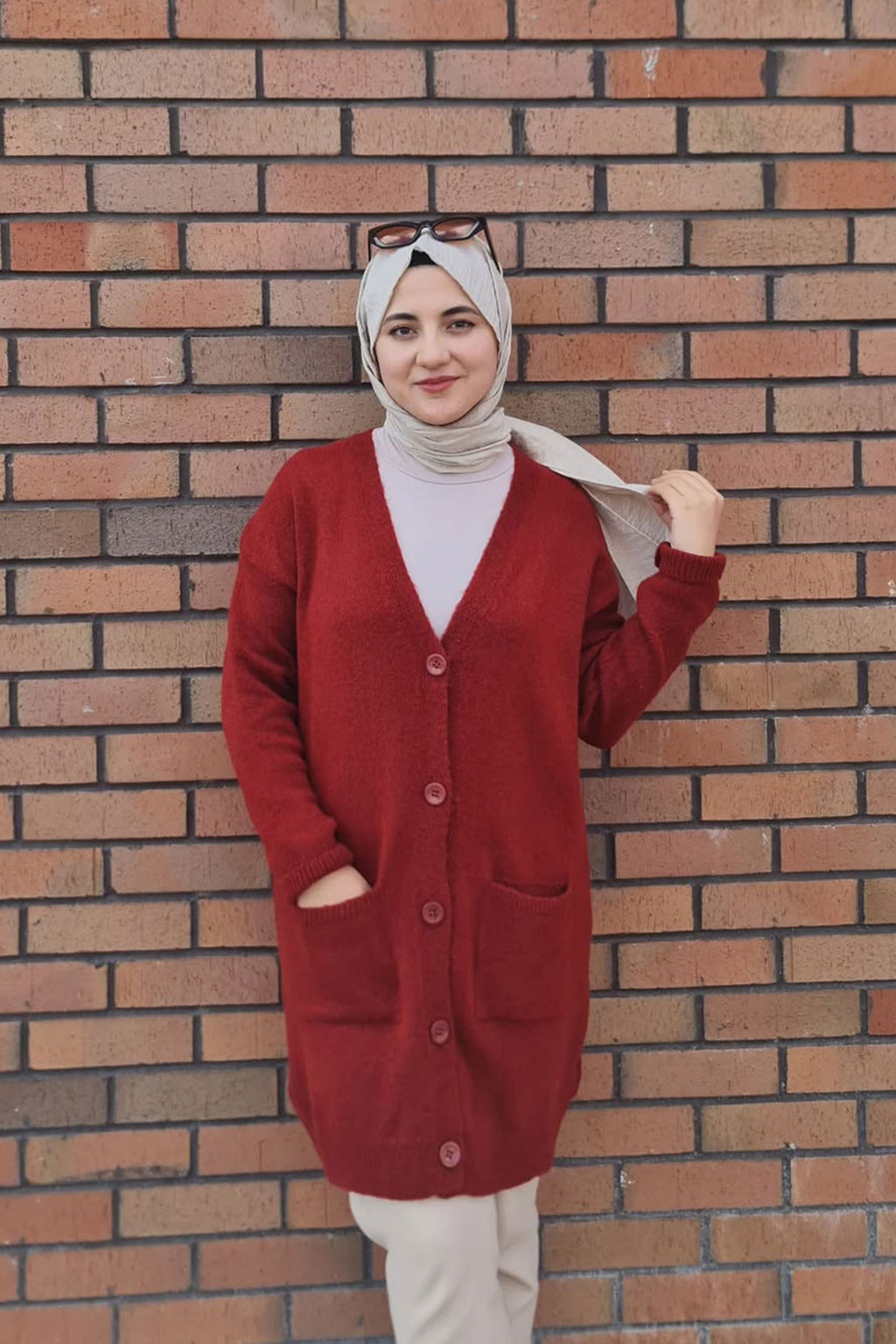 Düğme Detaylı Cepli Uzun Hırka Bordo