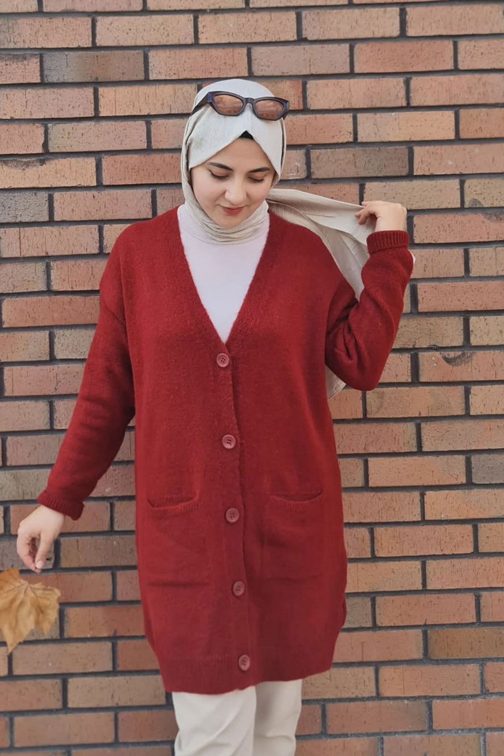 Düğme Detaylı Cepli Uzun Hırka Bordo