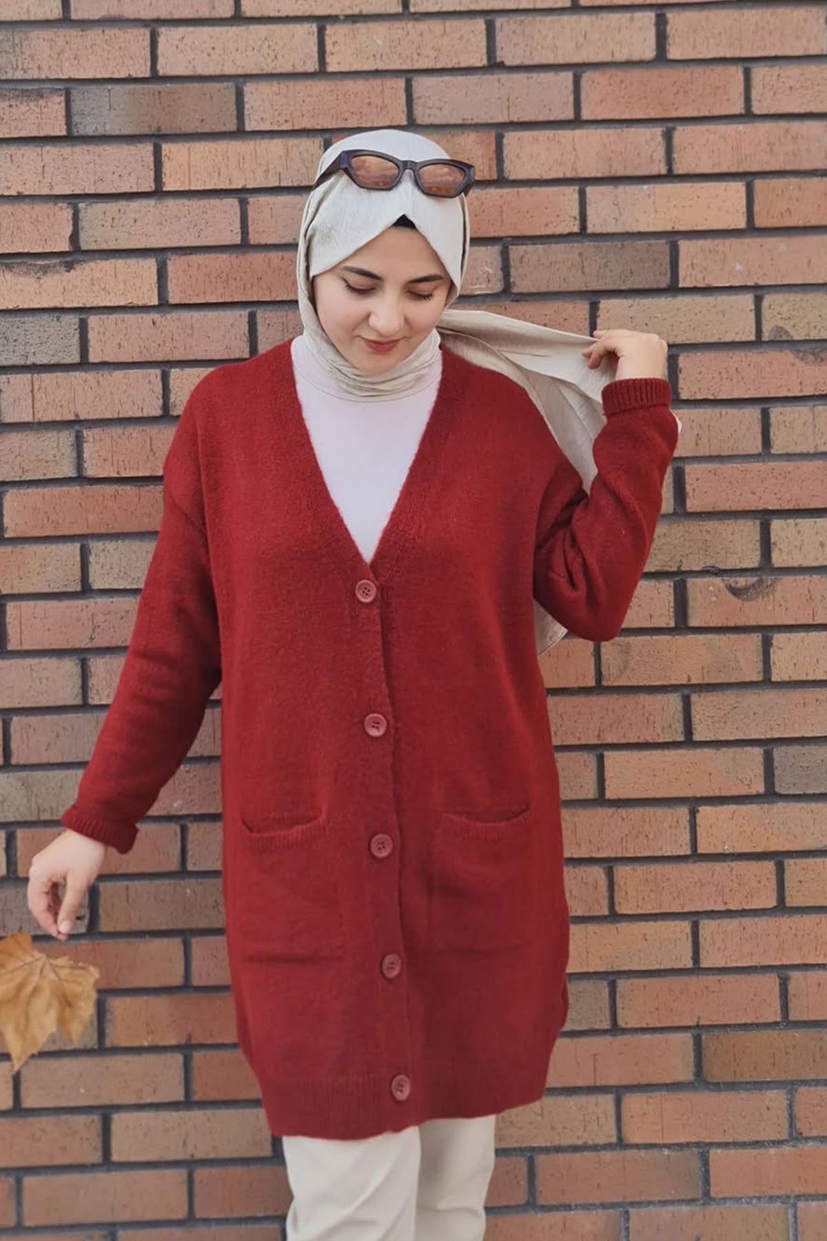 Düğme Detaylı Cepli Uzun Hırka Bordo