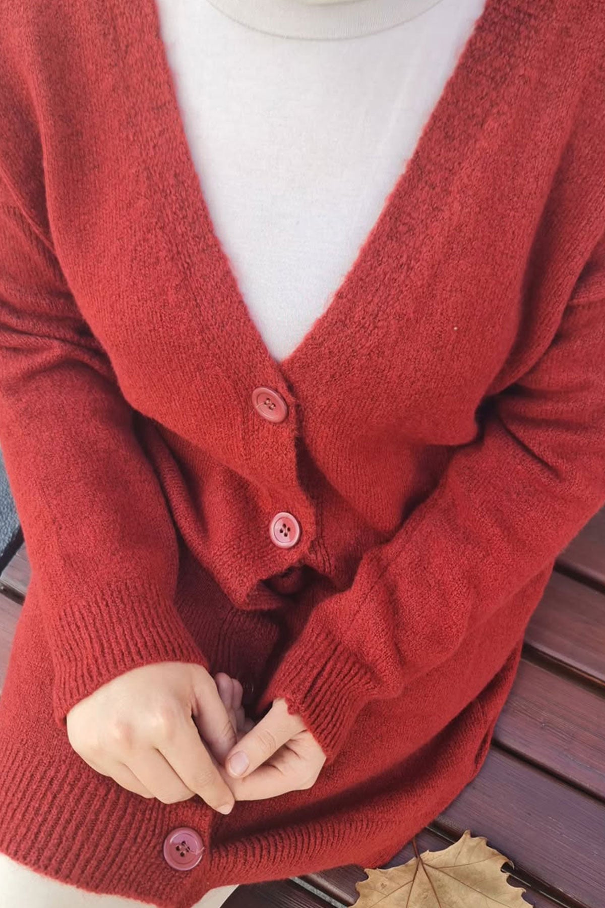 Düğme Detaylı Cepli Uzun Hırka Bordo