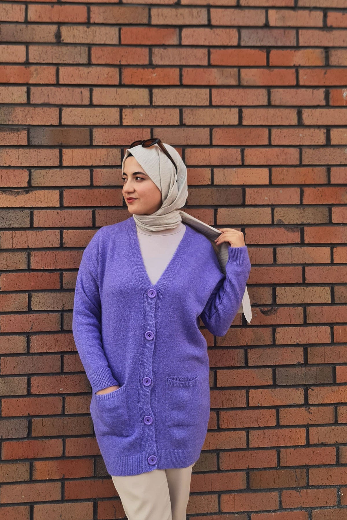 Düğme Detaylı Cepli Uzun Hırka Lila