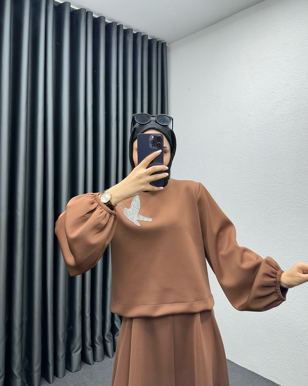 Balon Kollu Kuş Detaylı Scuba Takım Kahverengi