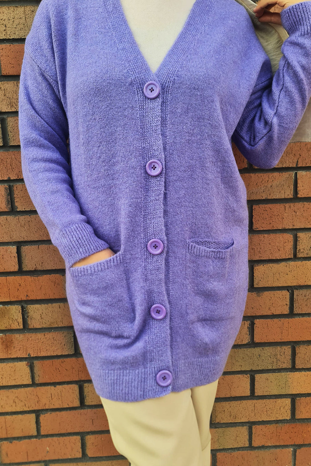 Düğme Detaylı Cepli Uzun Hırka Lila