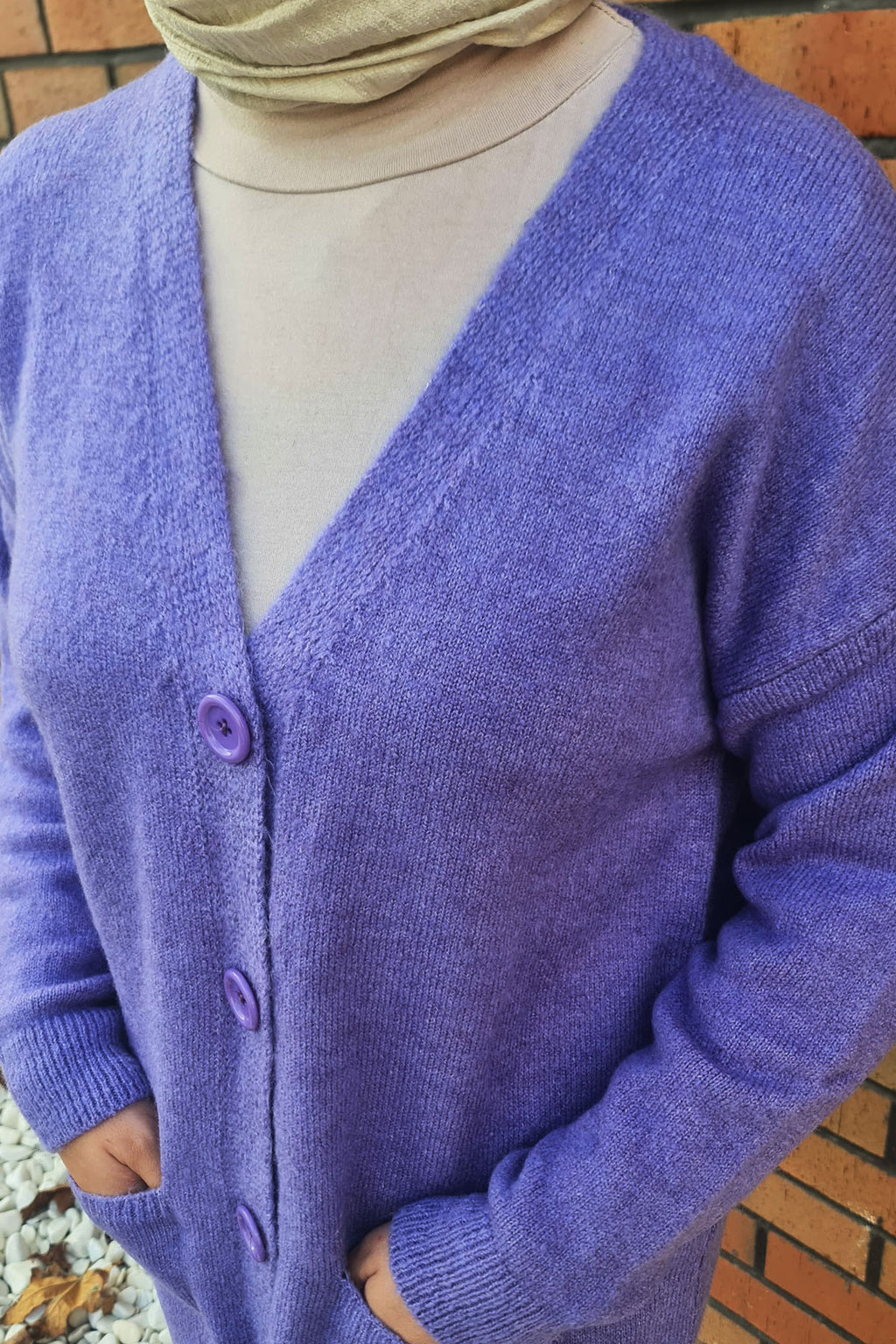 Düğme Detaylı Cepli Uzun Hırka Lila