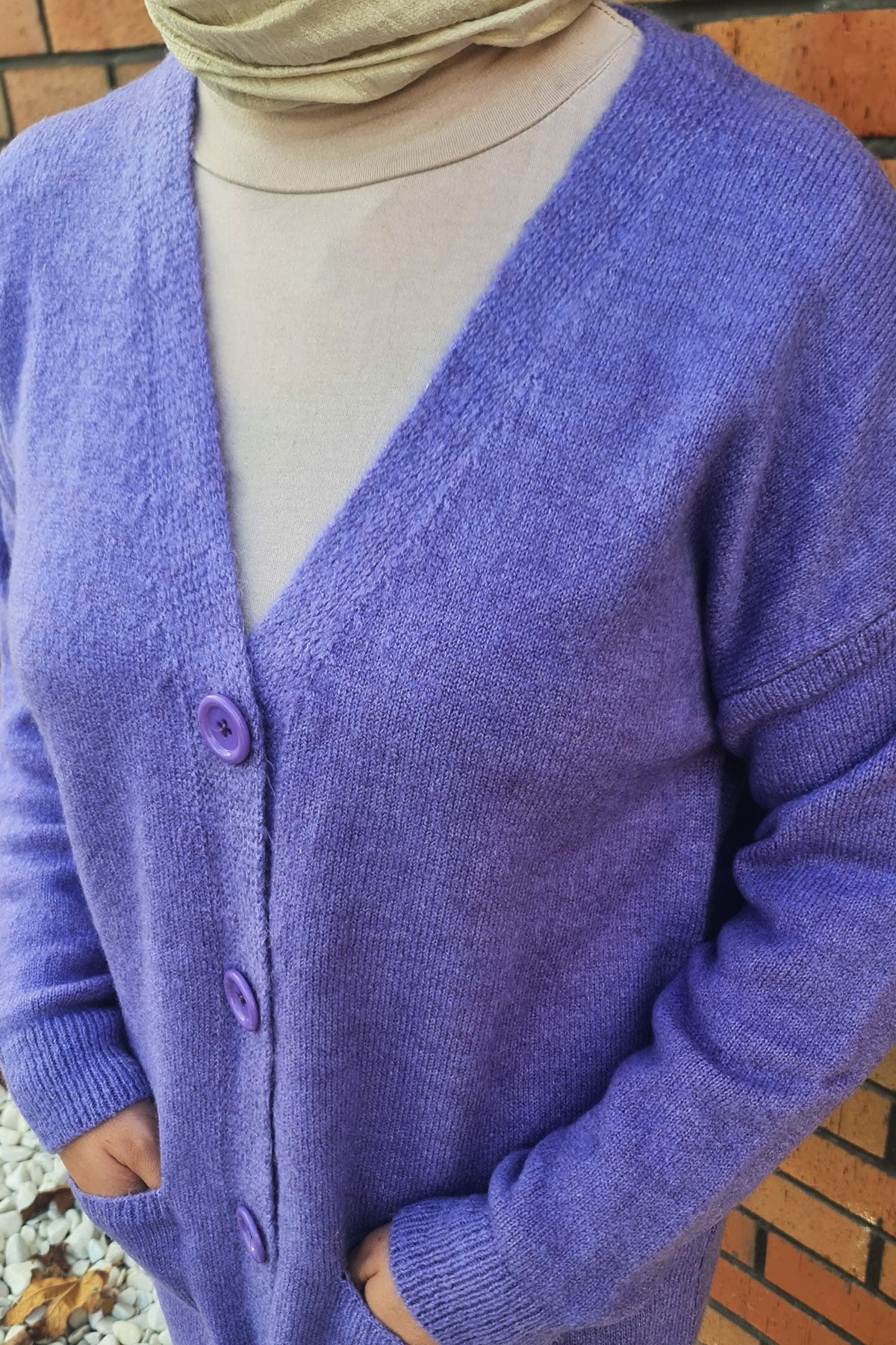 Düğme Detaylı Cepli Uzun Hırka Lila