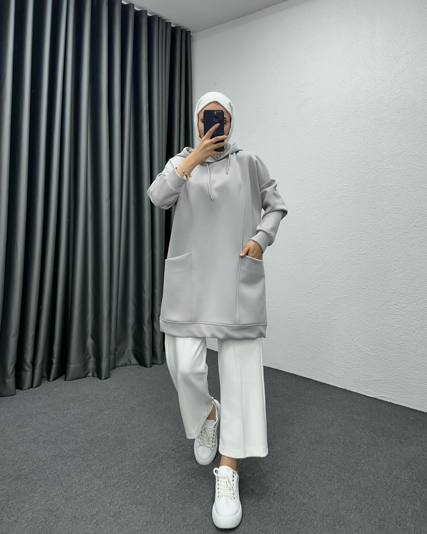 Boğazı Fermuar Detaylı Sweat Gri