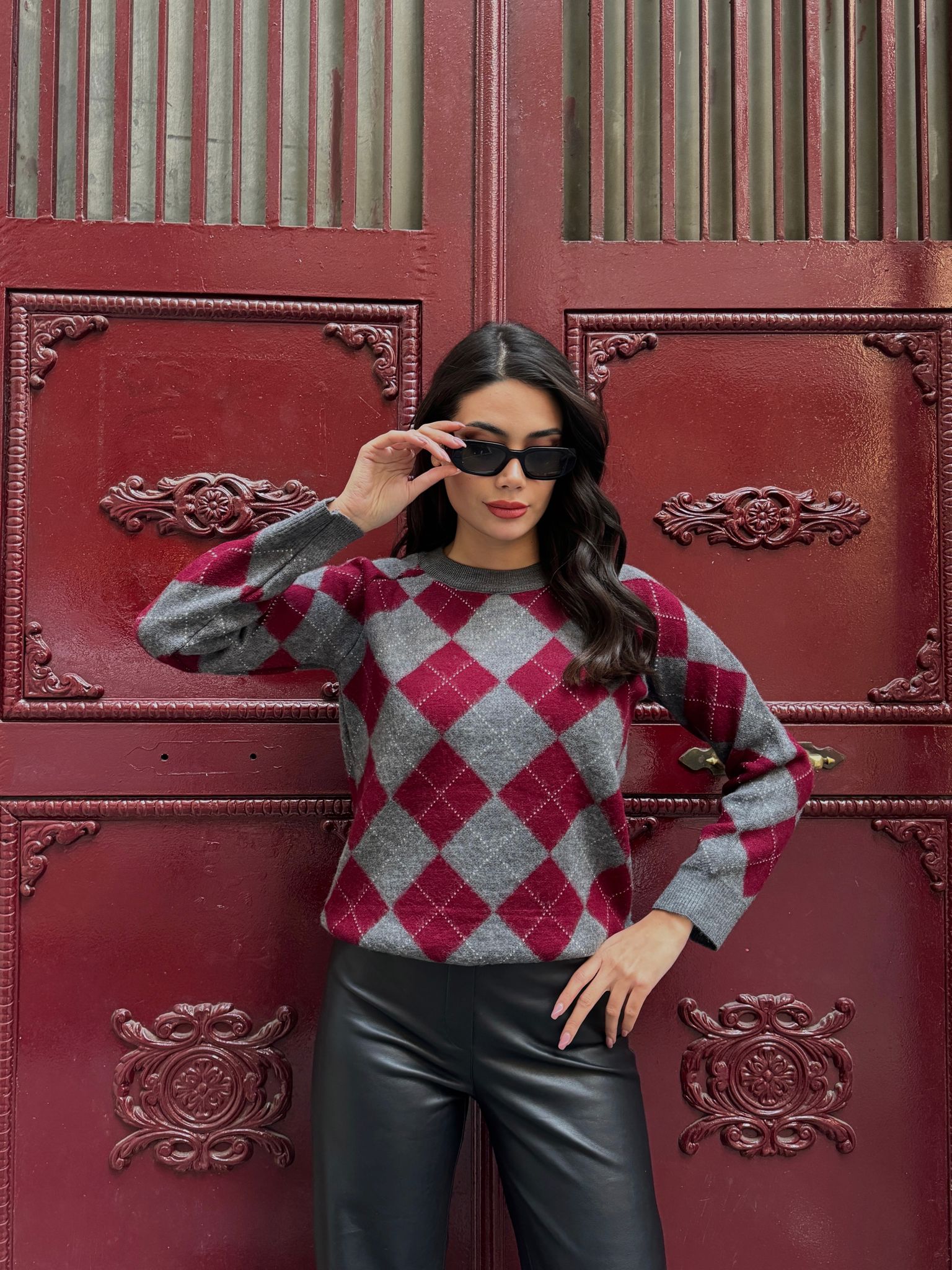 Baklava Desenli Triko Kazak - Bordo Gri