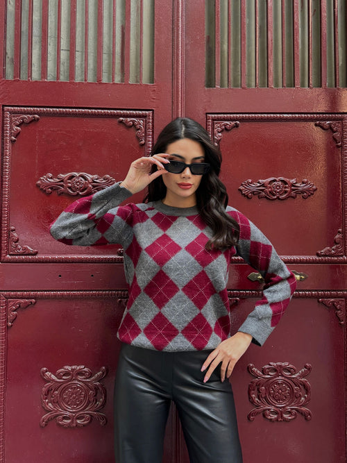 Baklava Desenli Triko Kazak - Bordo Gri