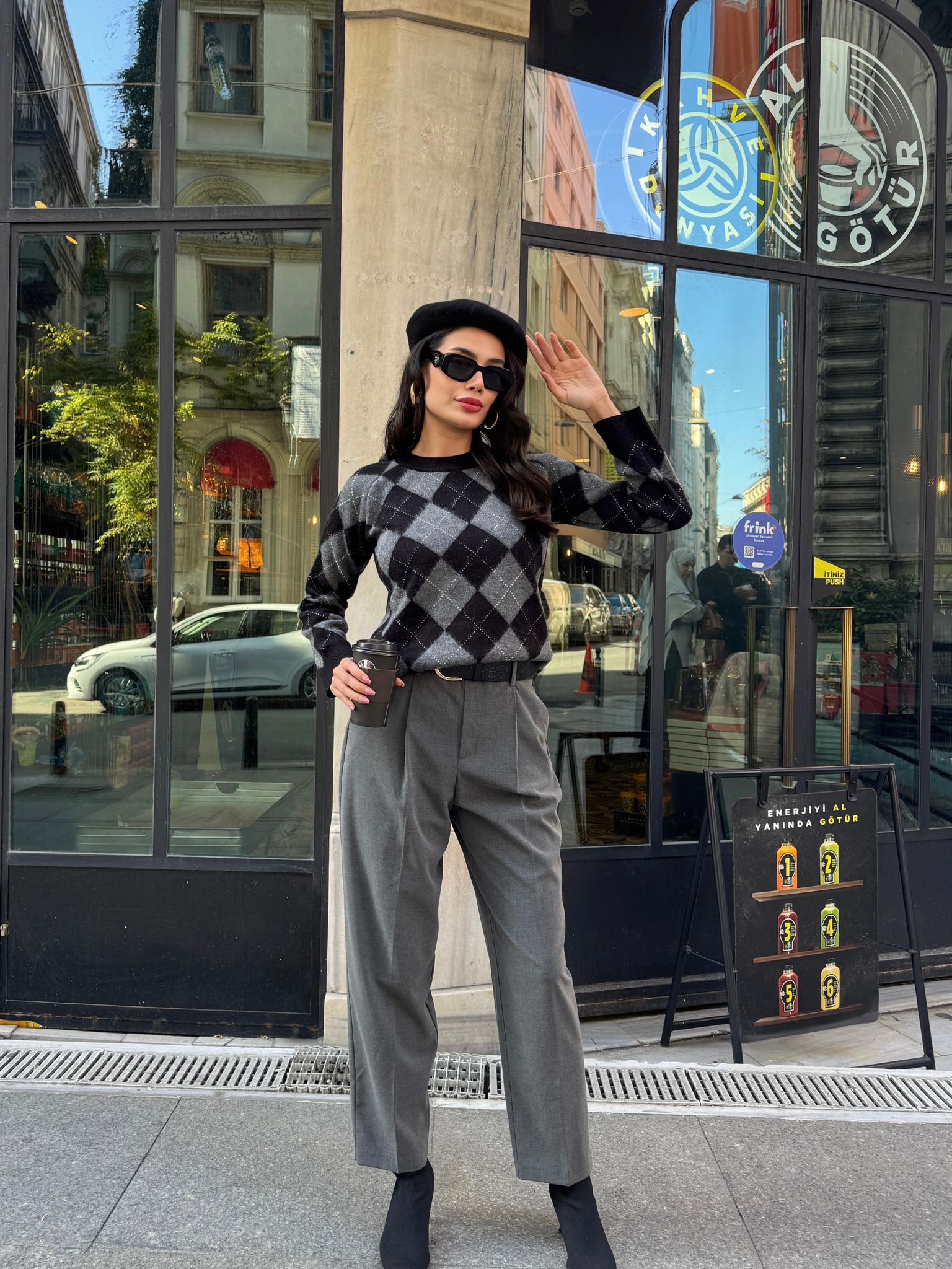 Baklava Desenli Triko Kazak - Siyah Gri