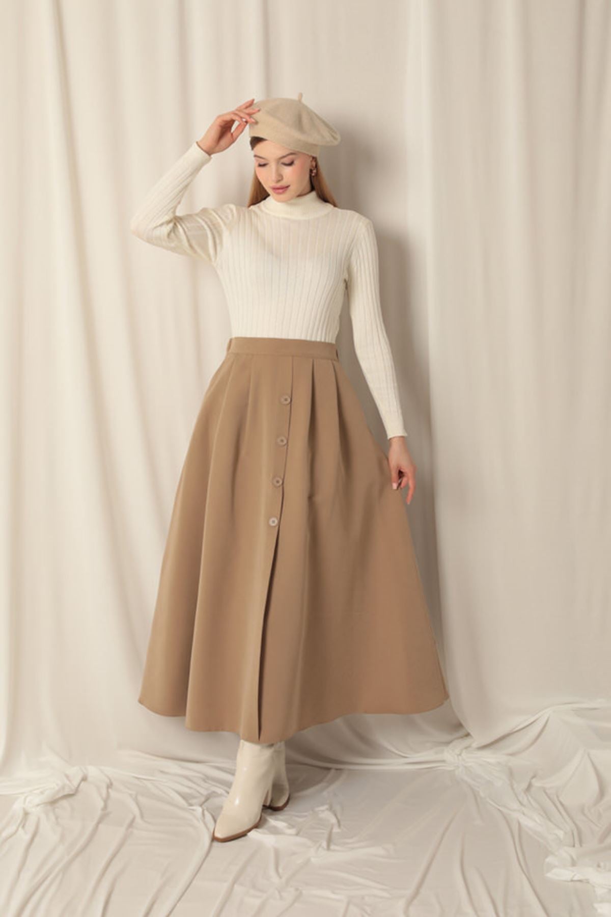 Torino Kumaş Kadın Vizon Etekli Takım