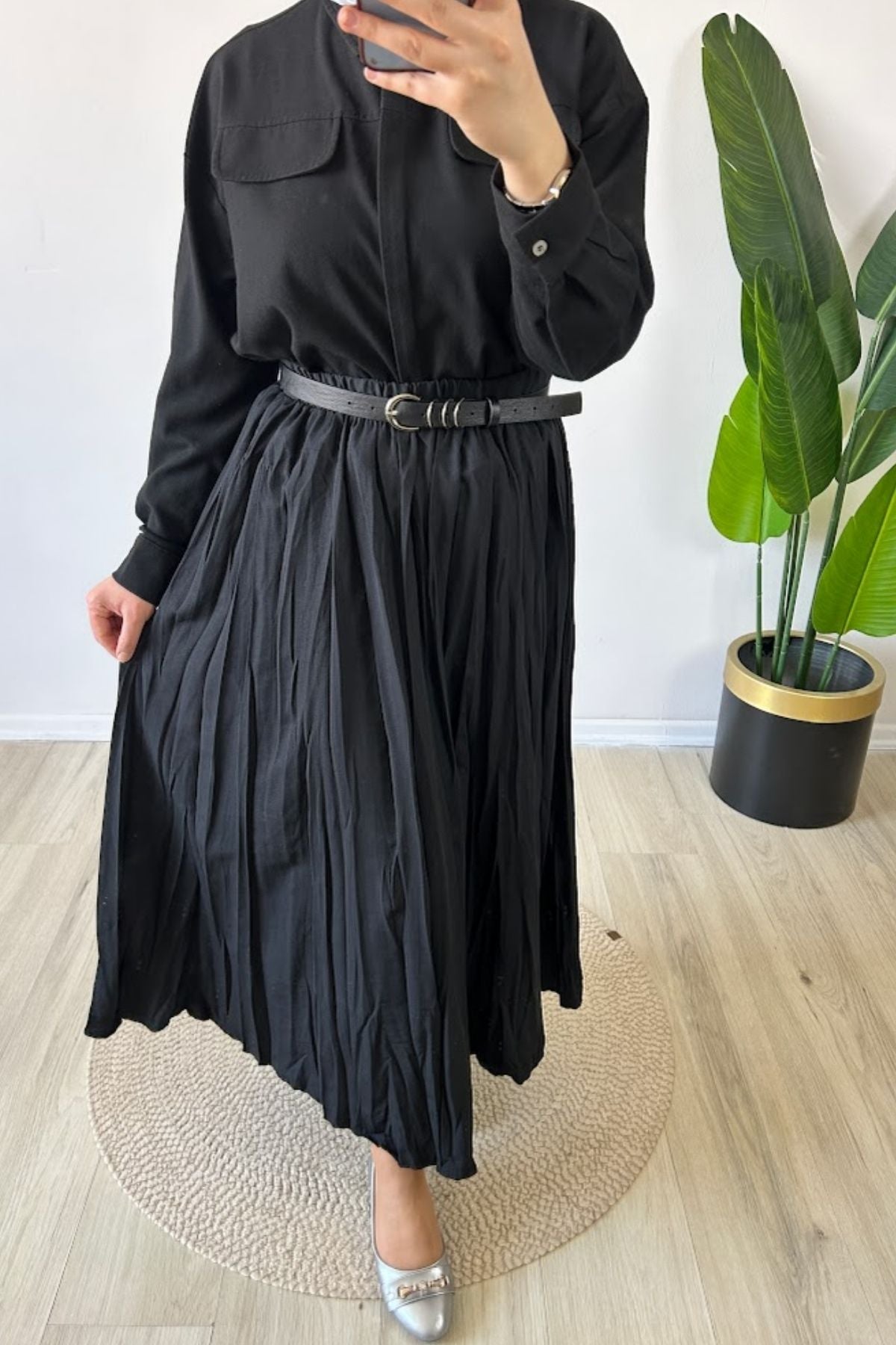 Kraş Kırışık Etek Siyah