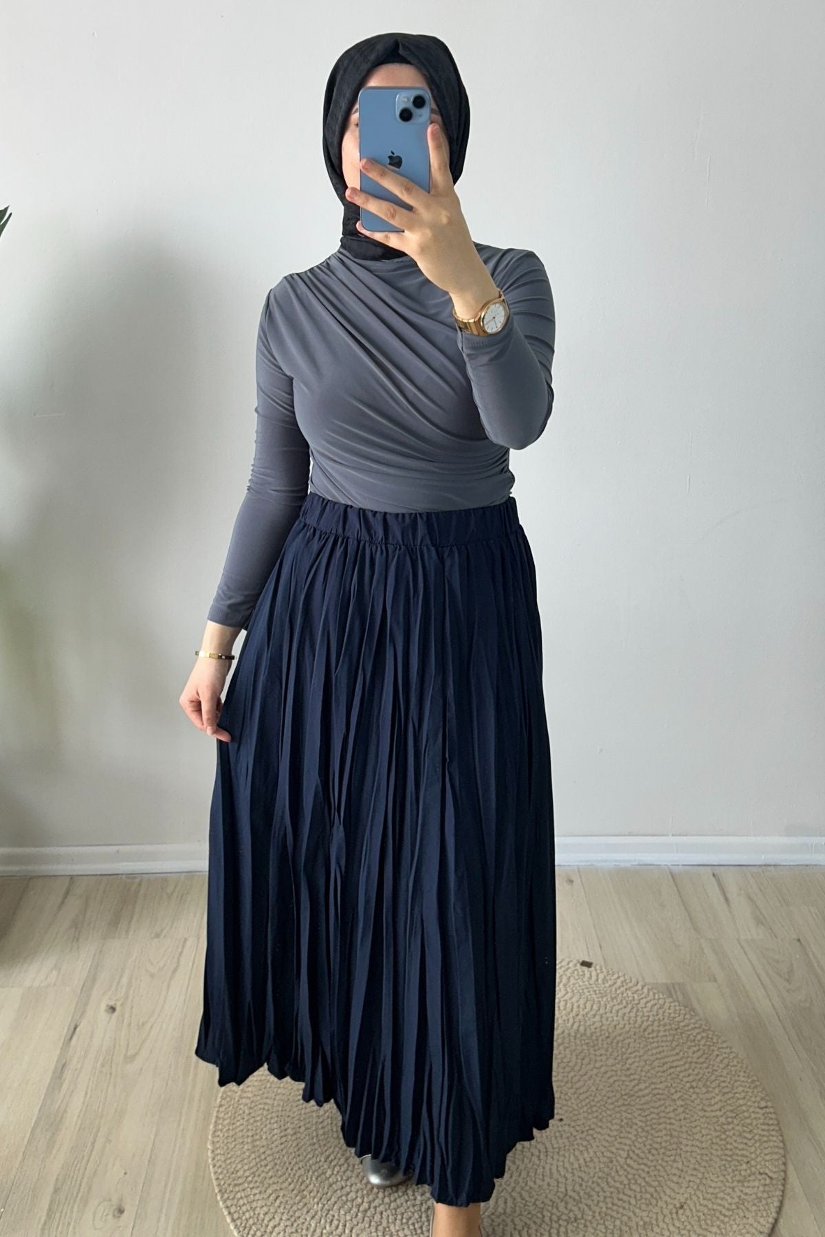 Crush (Kırışık) Etek Lacivert