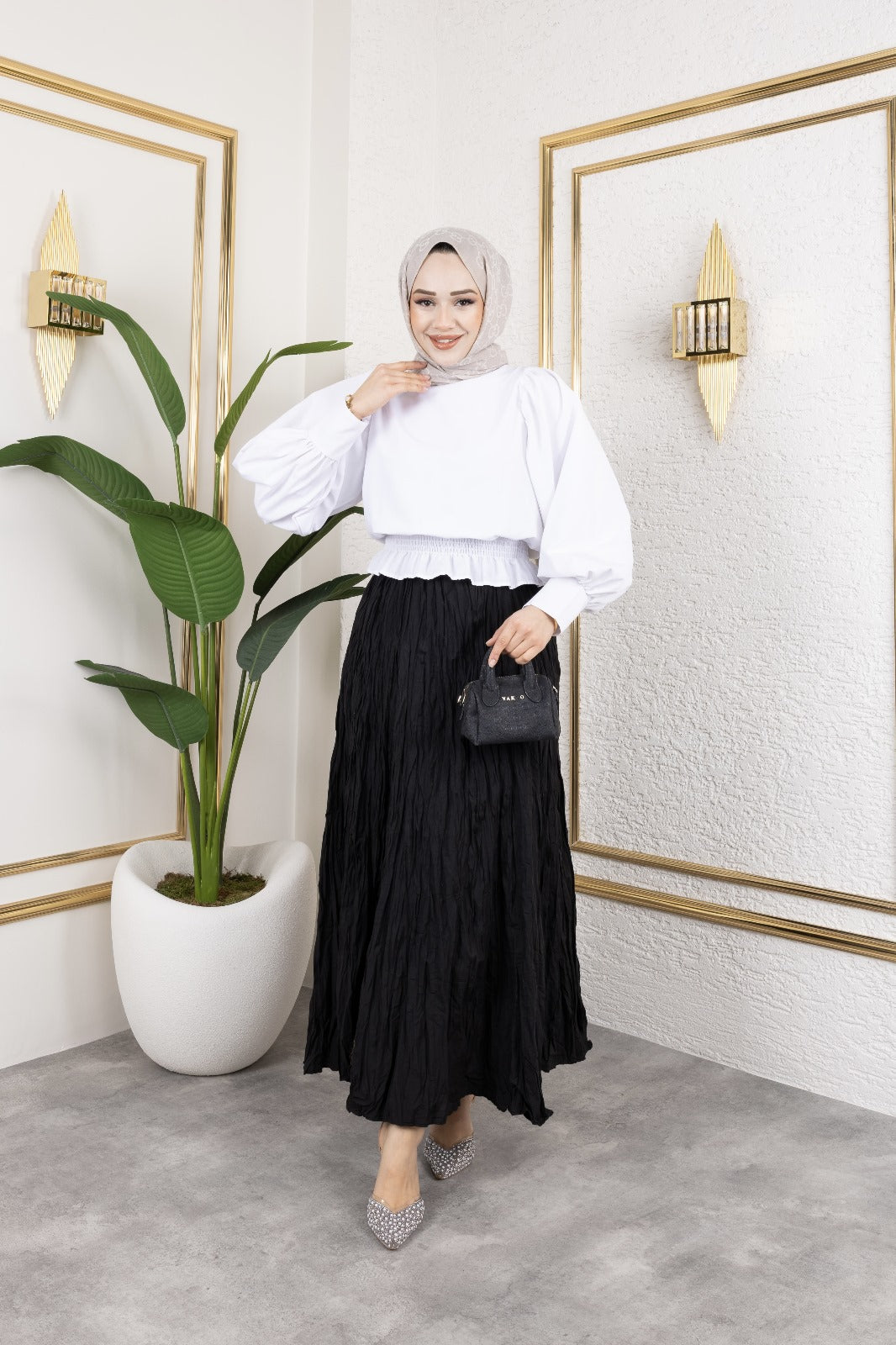 Crush (Kırışık) Etek Siyah Standart Beden