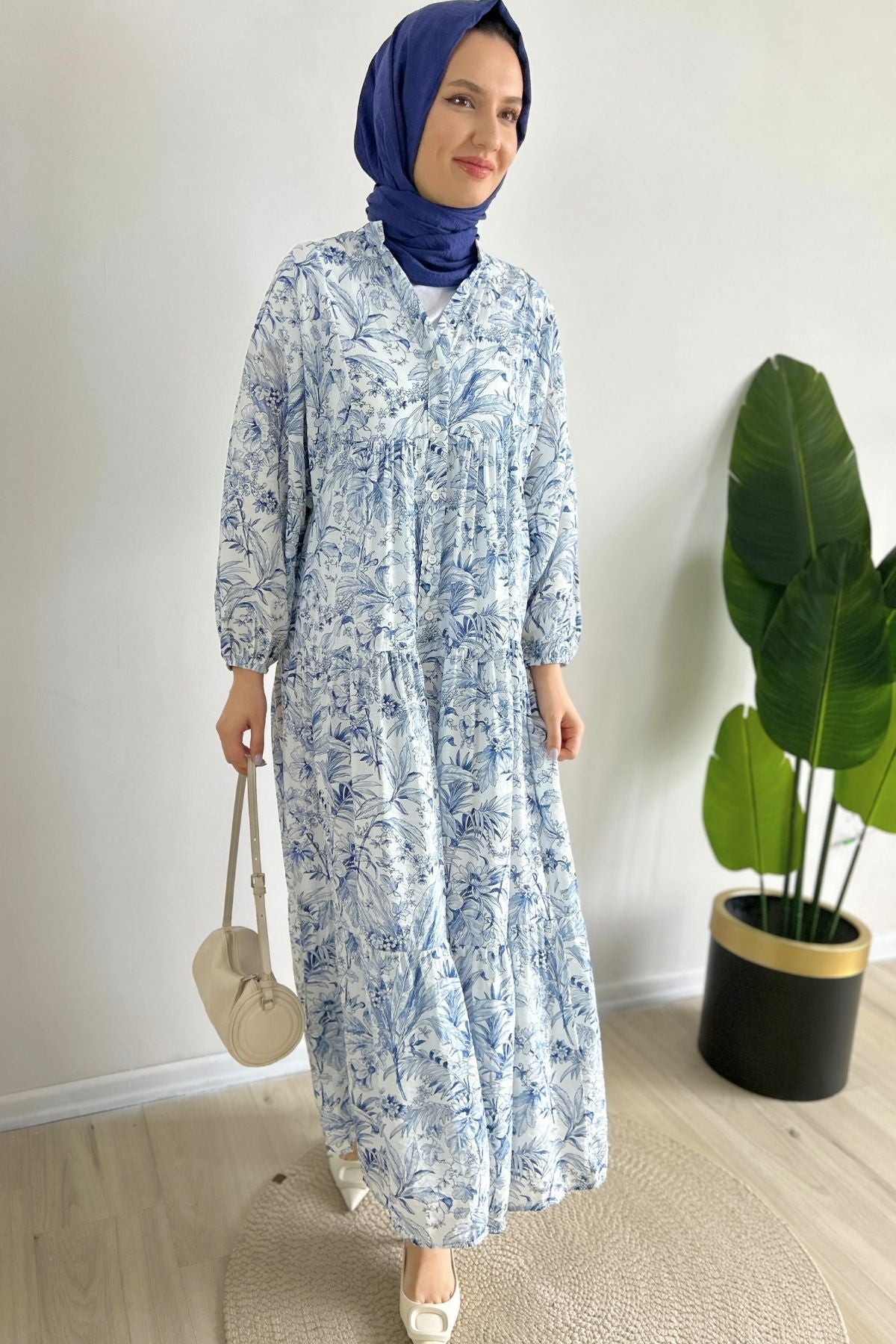 Açık Mavi Yasemin Desenli Tesettür Elbise