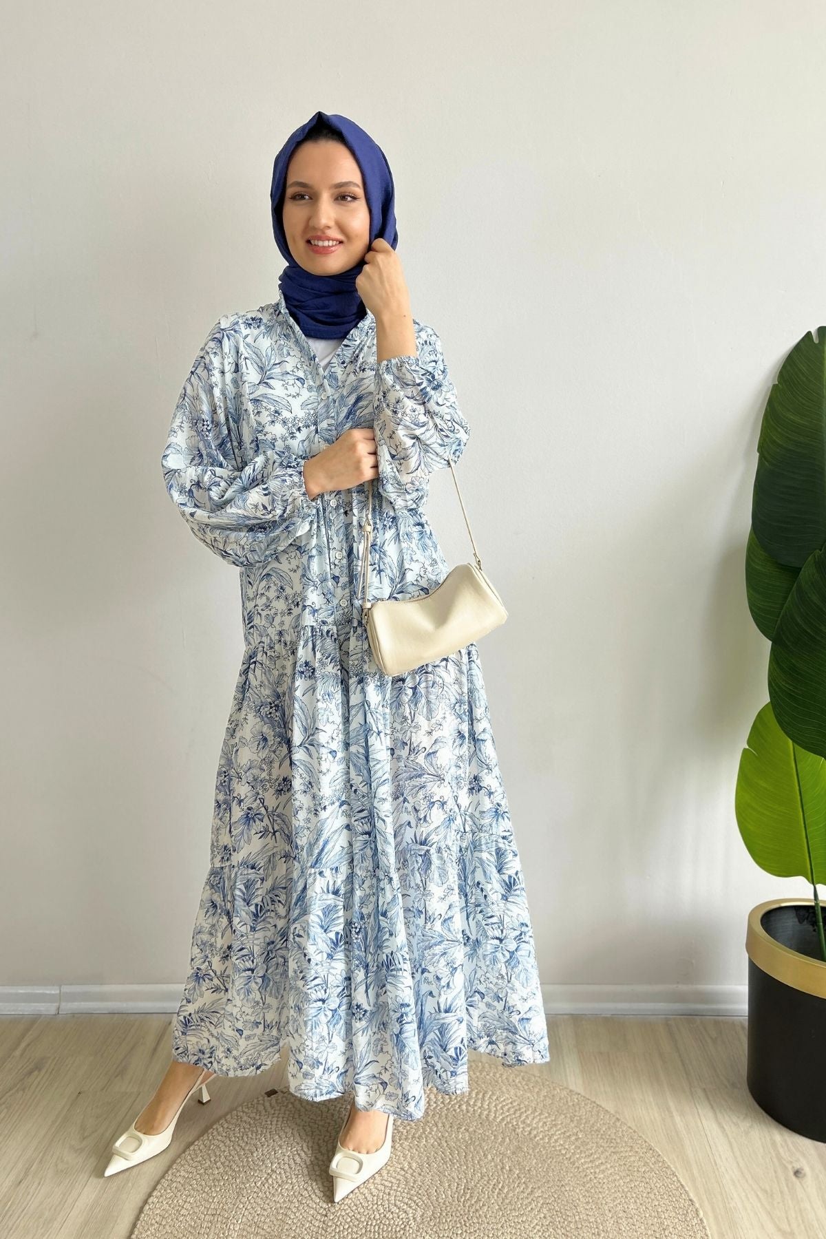 Açık Mavi Yasemin Desenli Tesettür Elbise