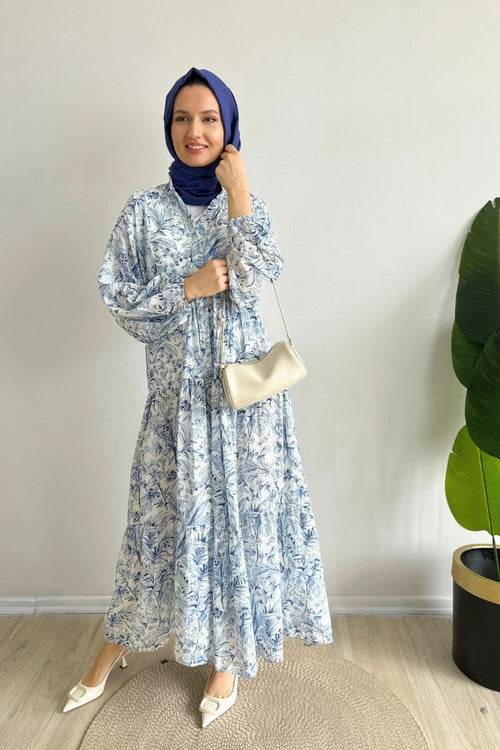 Açık Mavi Yasemin Desenli Tesettür Elbise