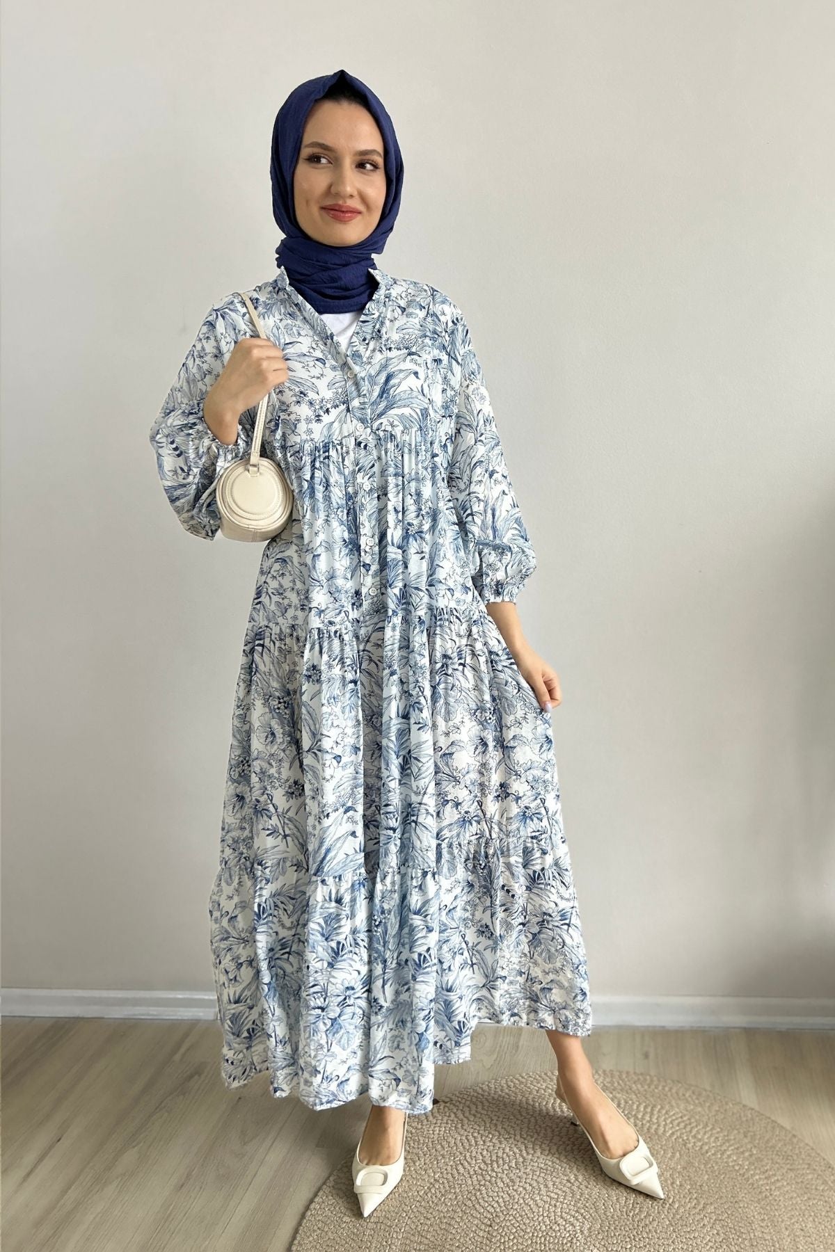 Açık Mavi Yasemin Desenli Tesettür Elbise
