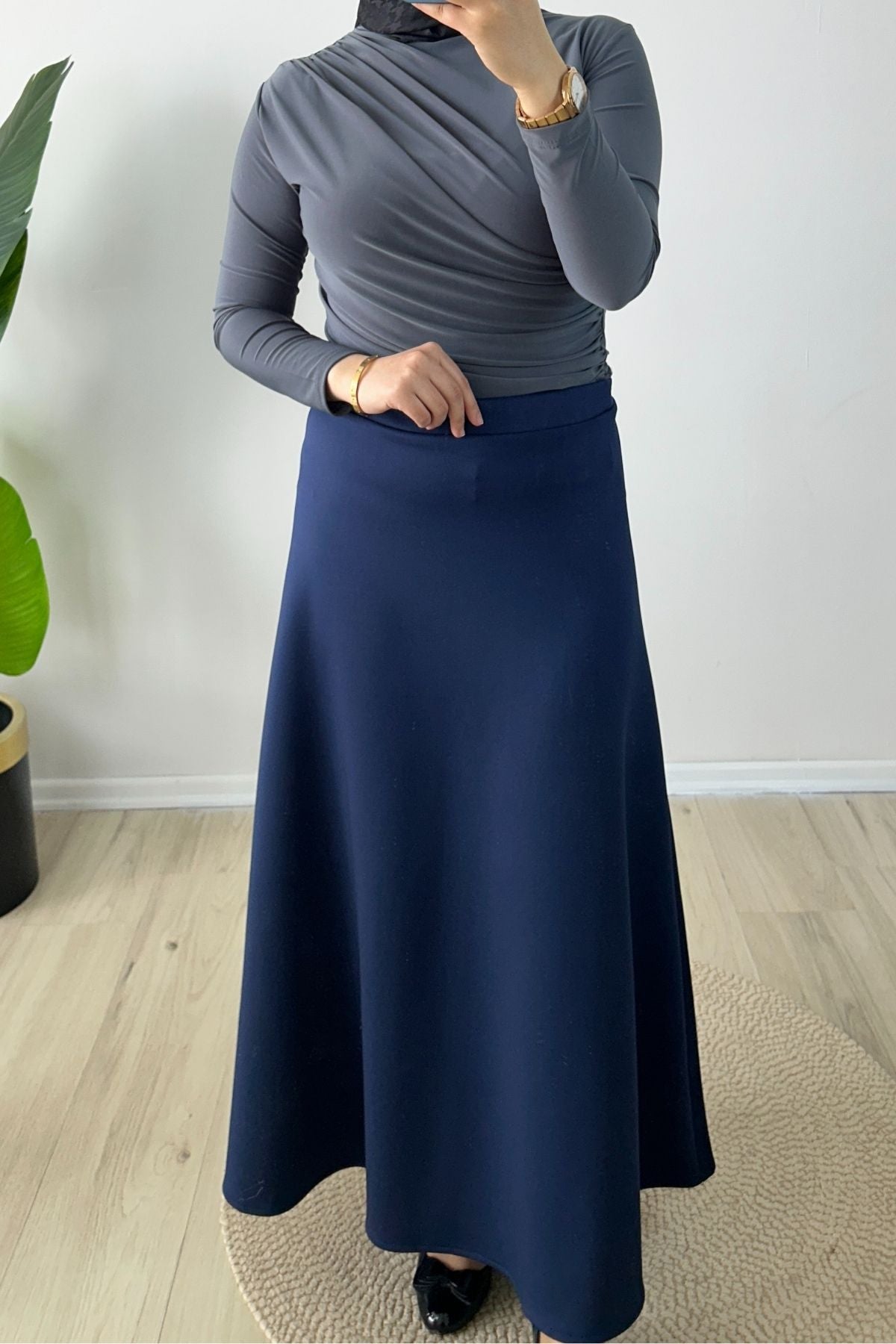 Beli Lastikli Scuba Kloş Etek Lacivert