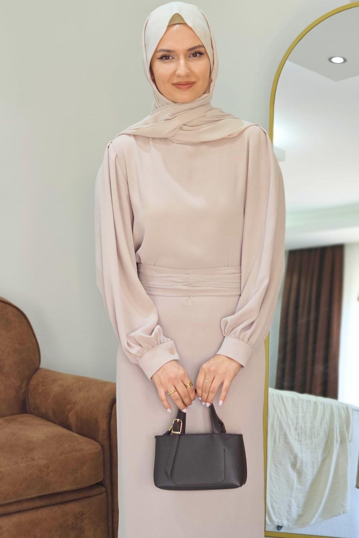 Krep Tesettür Elbise - Taş Rengi