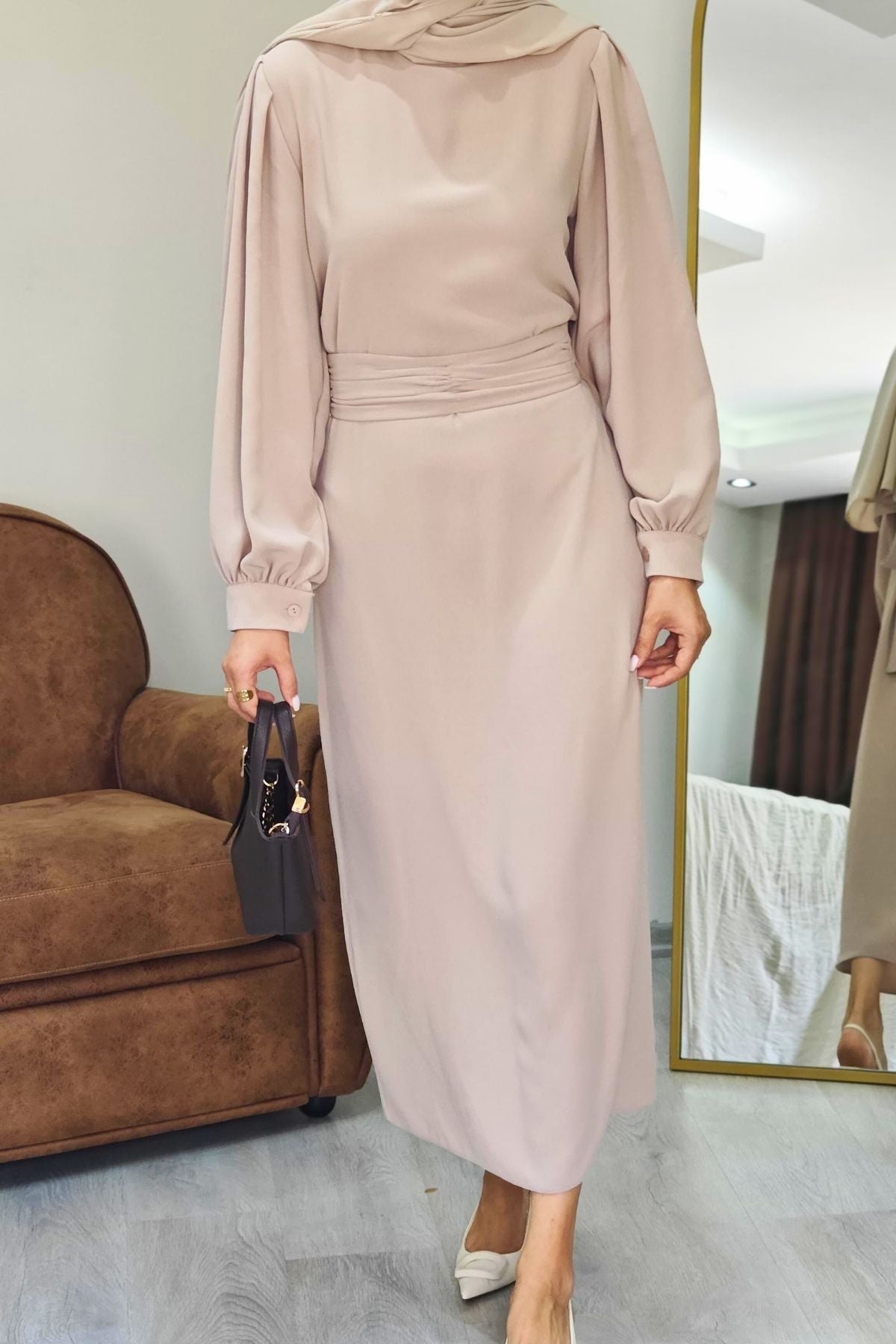 Narin Krep Tesettür Elbise - Taş Rengi