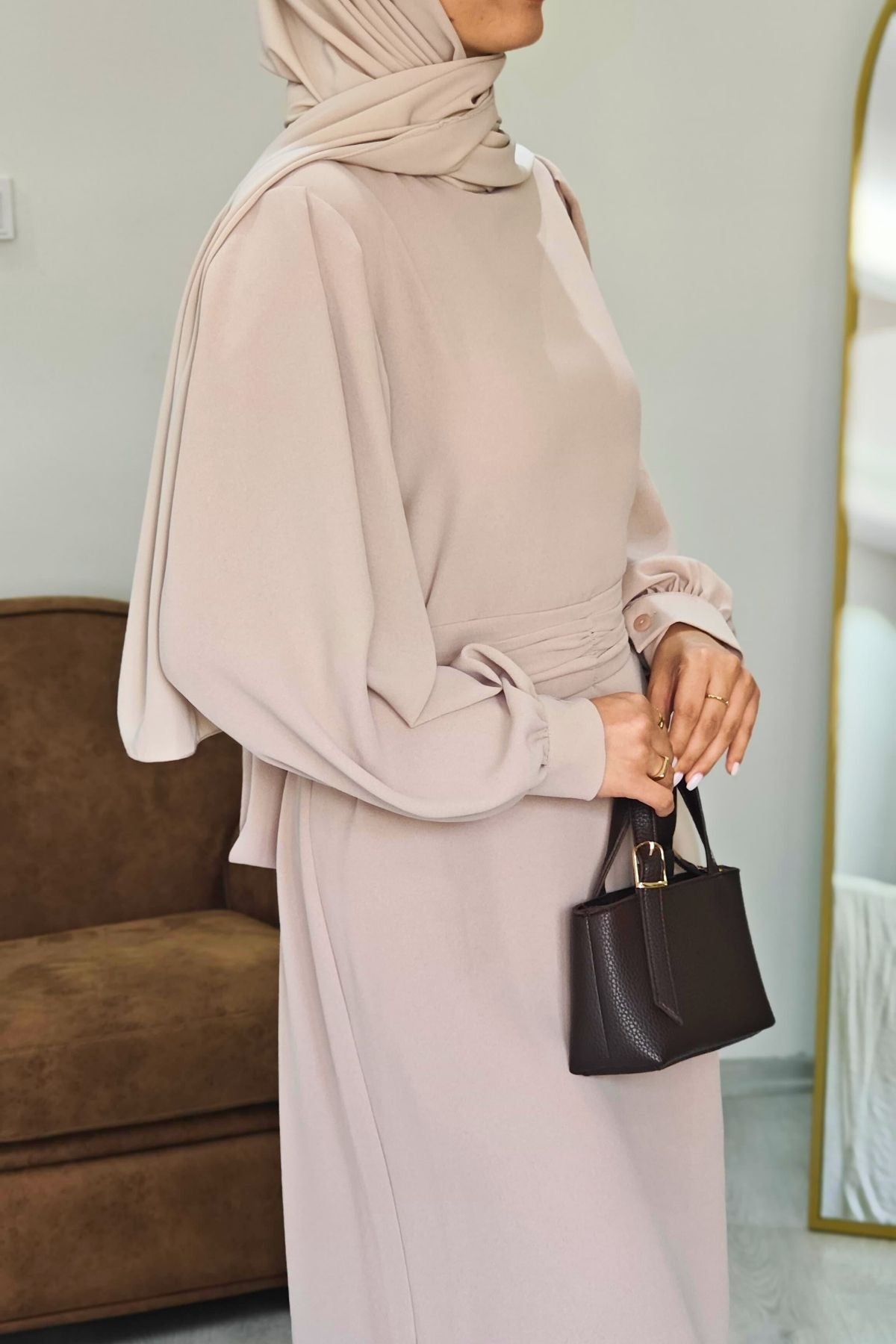 Narin Krep Tesettür Elbise - Taş Rengi