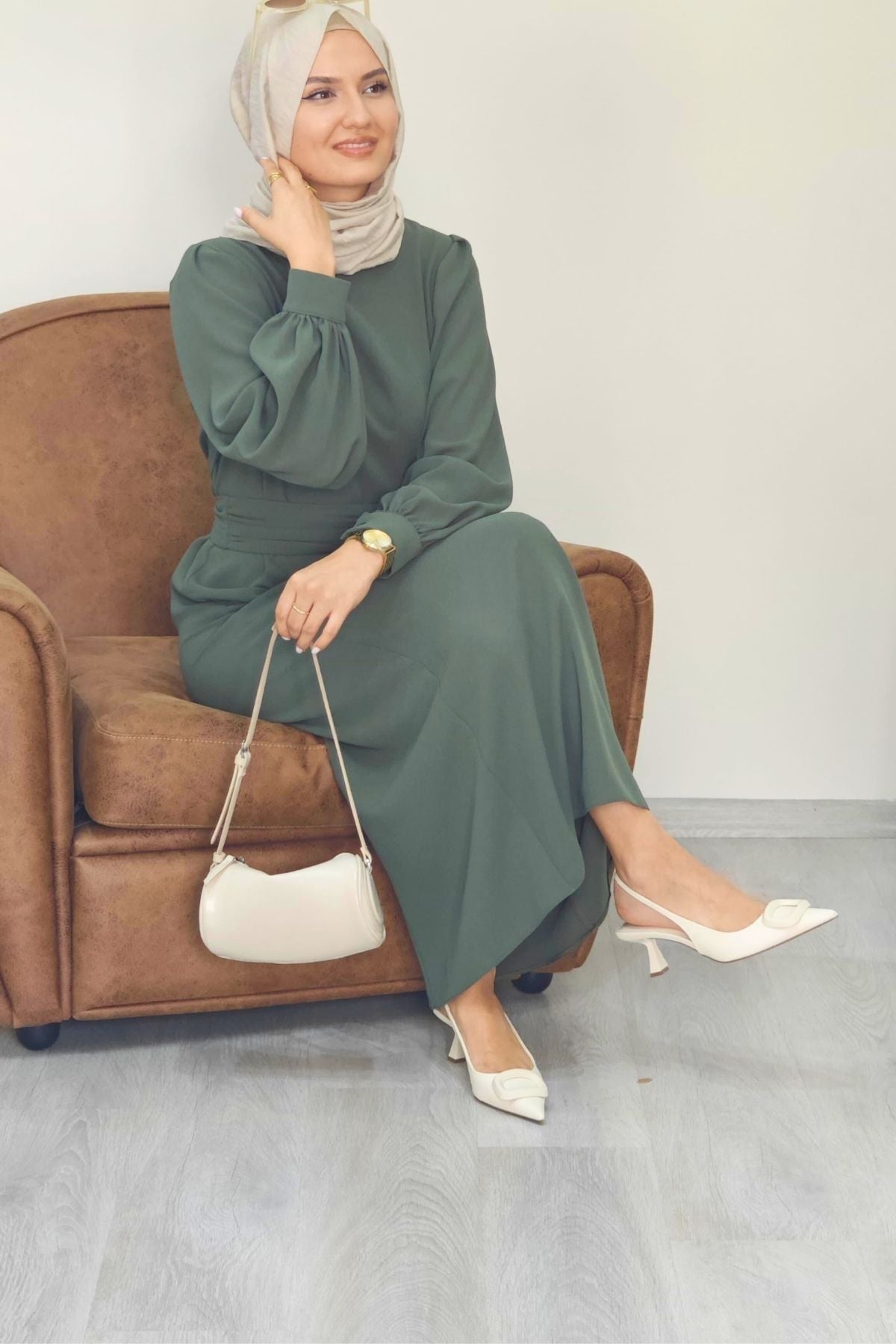 Narin Krep Tesettür Elbise - Çağla Rengi